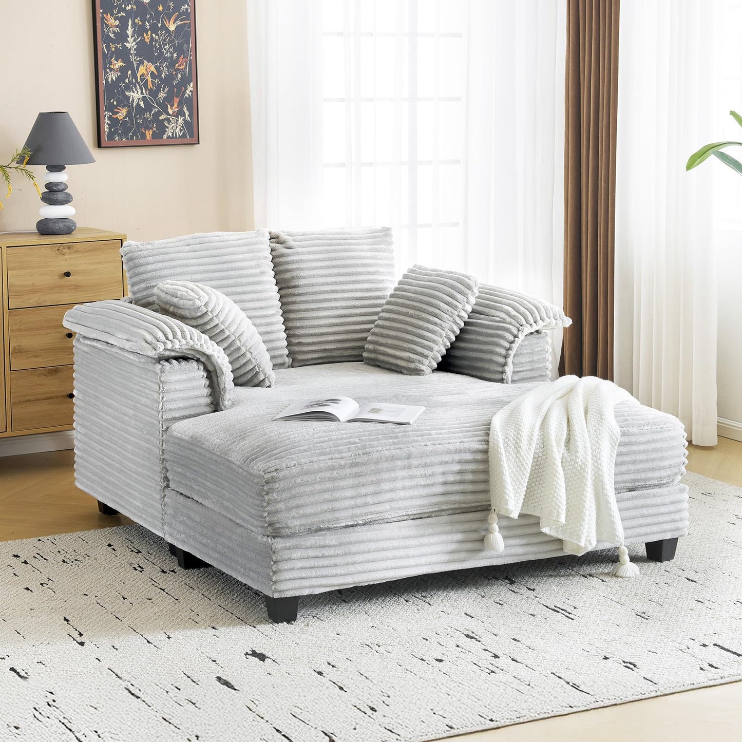 VINGLI 56" Oversized Chaise Lounge Chair, Light Grey Comfy Corduroy Chaise Sofa Recliner Bed Upholstered Sleeper Couch Bed with Throw Pillows and Armrests for Living Room, Movie Room, Bedroom