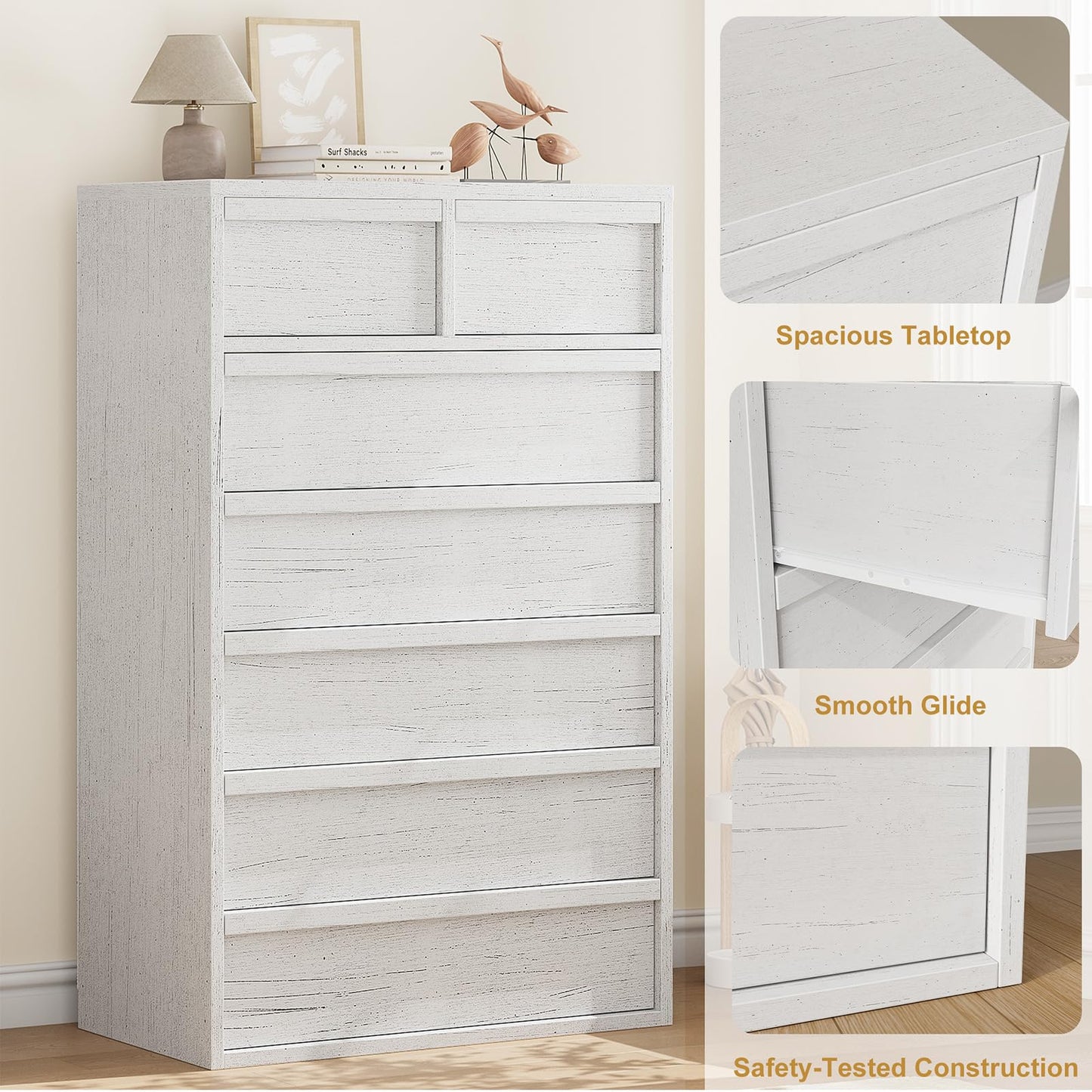 Garvee 7 Dresser for Bedroom, 46.8" Tall Dresser, Freestanding Vertical Drawer with Storage, Wooden Closet Chest Storage for Living Room, Hallway, Entryway, White