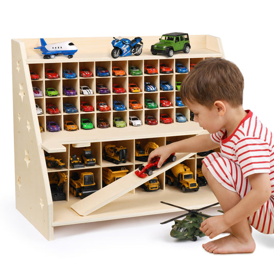 Essenhome Wooden Toy Car Garage Storage Organizer - 70+ Car Display Shelf with Foldable Racing Ramp, Dual-Layer Storage for Large Trucks & Small Cars, High-Density Plywood Nursery Furniture for Kids