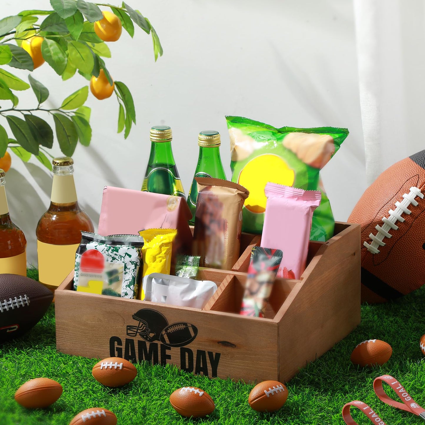 Colingmill Football Game Day Snack Tray, Wooden Reusable 5 Compartment Gift Basket Organizer, Popcorn Bucket Bowl Box for Game Day Party, Family Room, Home Theater, Sports Night Decorations