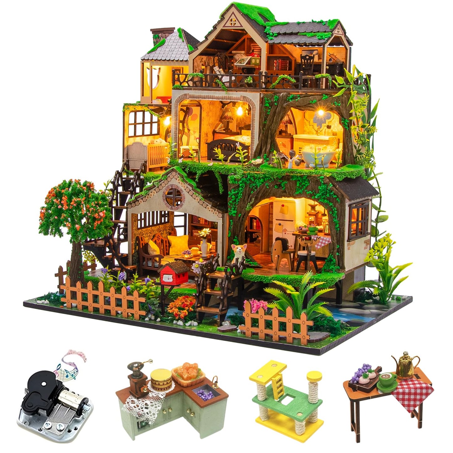 CUTEROOM Miniature House Kits for Adults, Mini Dollhouse Wooden Furniture Kit, DIY Craft Kits Creative Room Tiny House for Decoration-Fairytail Forest