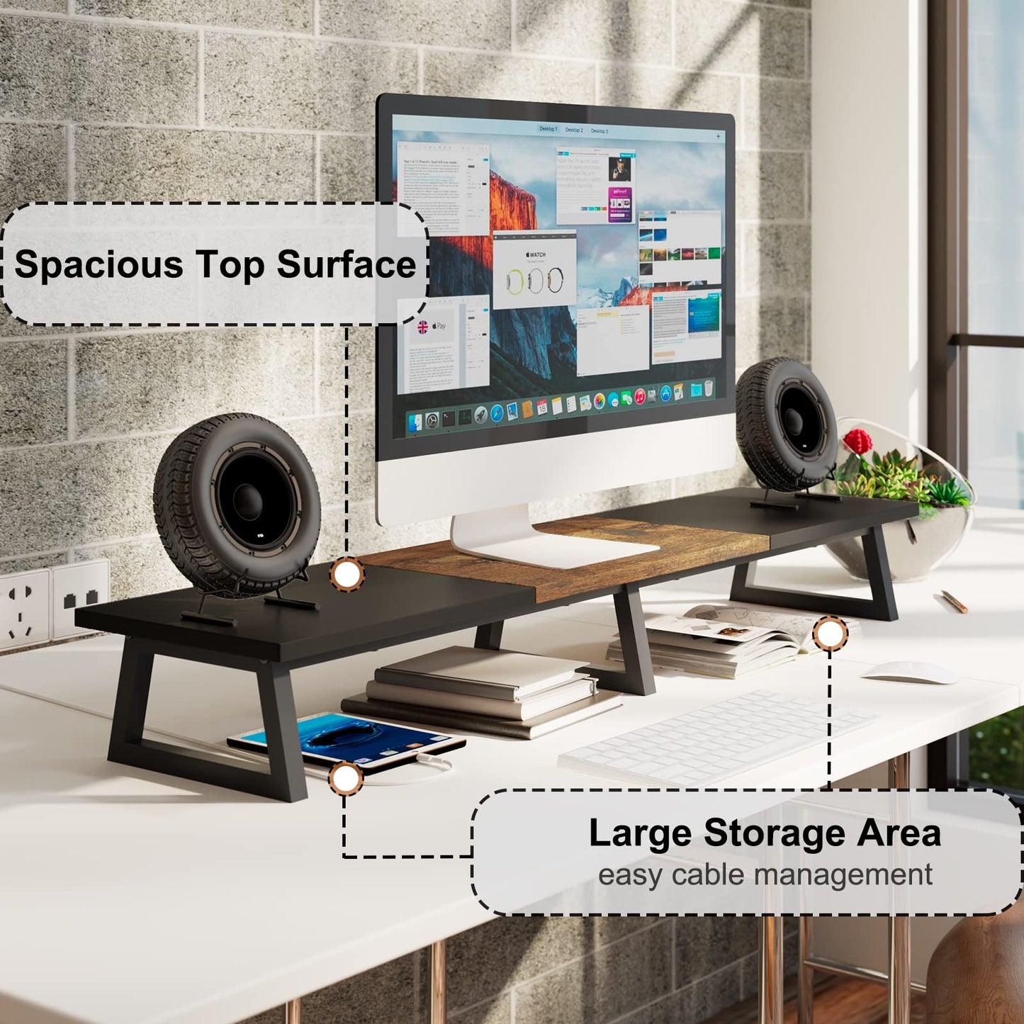 TEAMIX 42 inch Dual Monitor Riser+2 Tiers 20 Inch Wooden Desktop Monitor Stand Riser Printer for Desk Office Organization