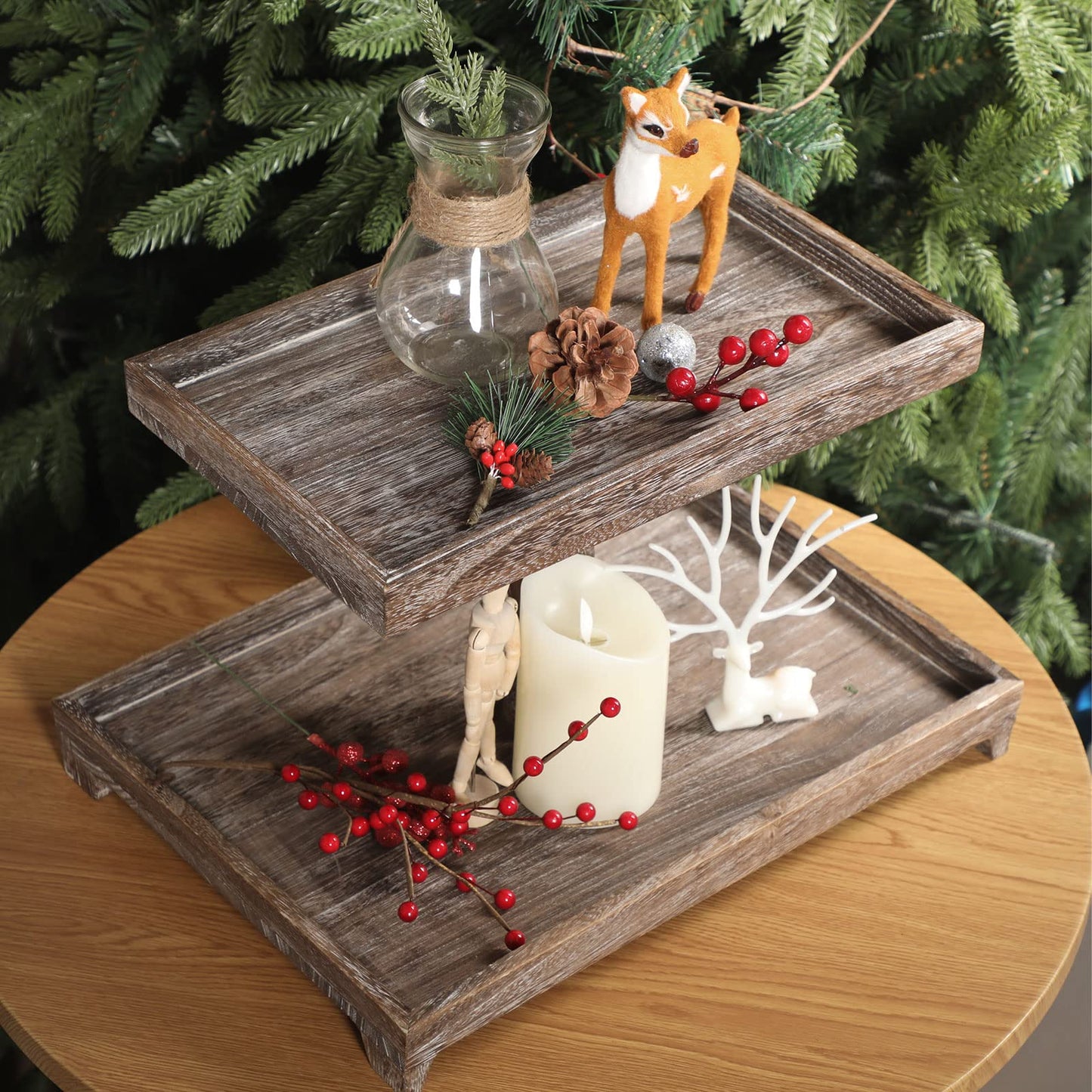 Yalikop Farmhouse Tiered Tray Stand - Wooden Rustic 2 Tier Rectangular Tray Serving Stand for House Kitchen Cake(Brown)