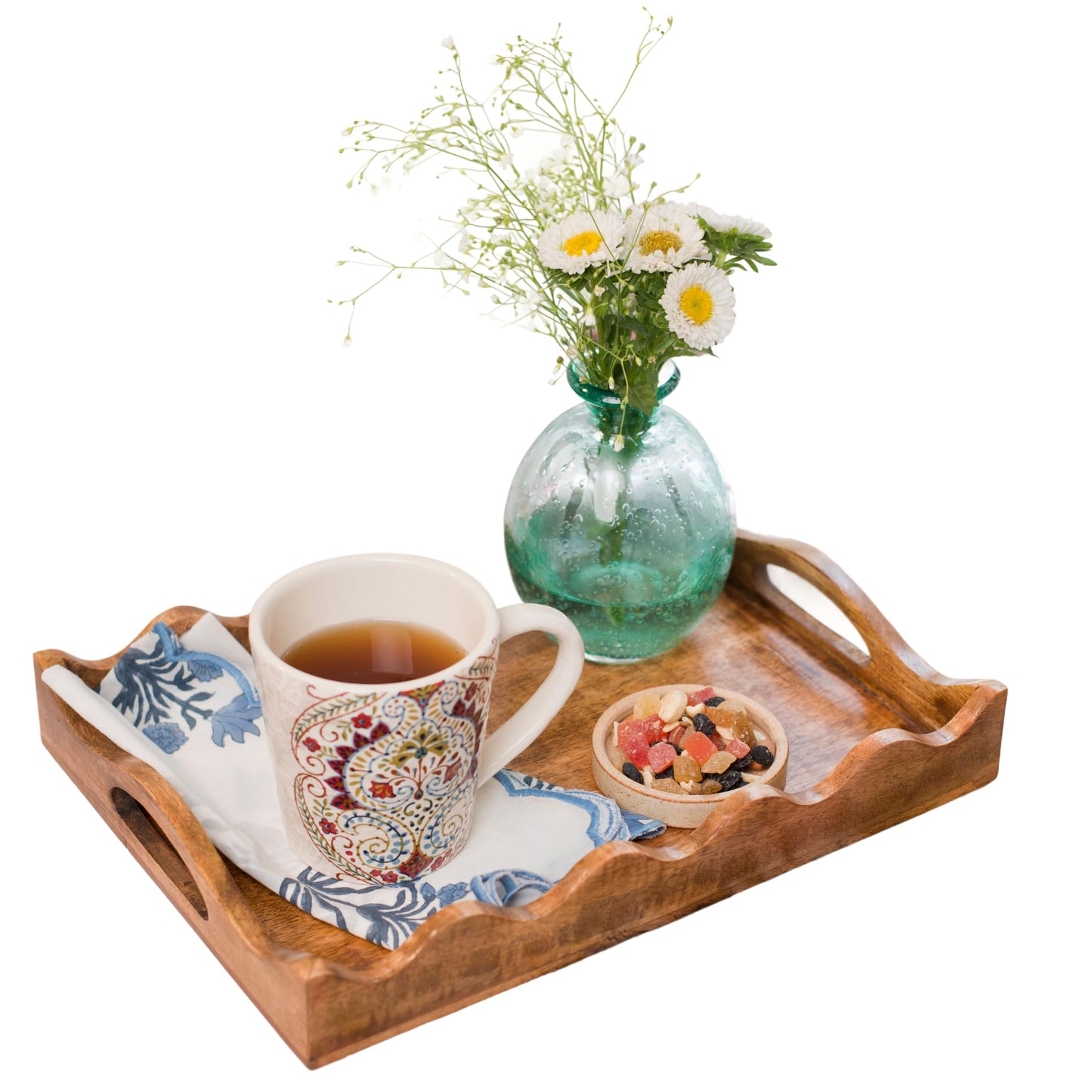 Mela Artisans 16” x 12” x 2.5” Mango Wood Serving Tray with Handles – Ottoman Scalloped White Burnt – Large Handcrafted Wooden Serving Board for Breakfast, Coffee & Home Décor