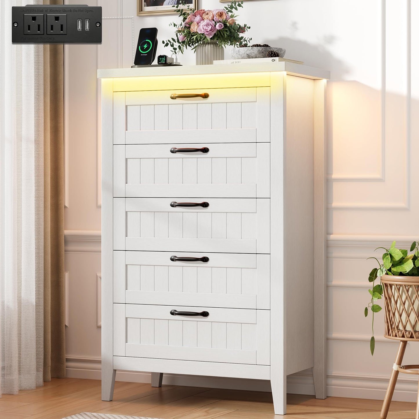 GarveeHome Farmhouse Tall 5 Drawer Dresser with Charging Station & LED Lights, Slim Wooden Bedroom Dresser, Rustic Chest of Drawers Clothes Storage Organizer for Closet Dorm Apartments, White