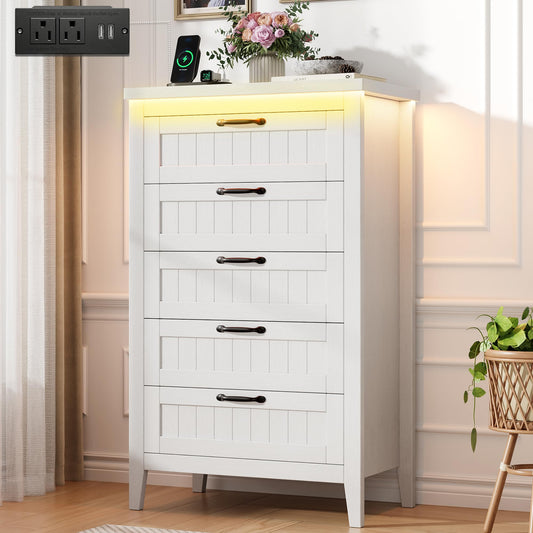 GarveeHome Farmhouse Tall 5 Drawer Dresser with Charging Station & LED Lights, Slim Wooden Bedroom Dresser, Rustic Chest of Drawers Clothes Storage Organizer for Closet Dorm Apartments, White