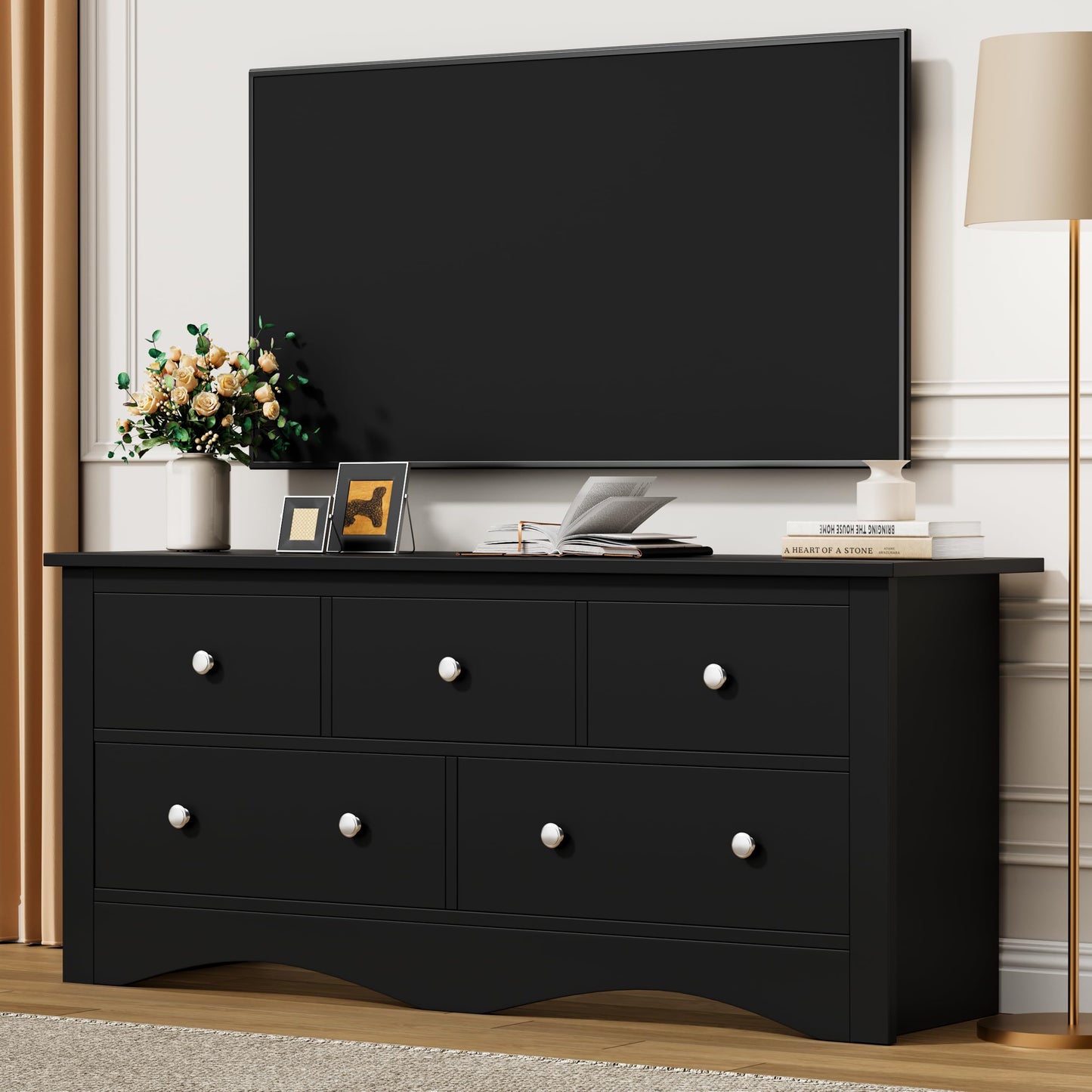 Flamaker Dresser for Bedroom, 5 Drawer Dresser, Wood Dressers, Wide Chest of Drawer, Storage Drawers, Storage Organizer for Closet, Hallway (Black)