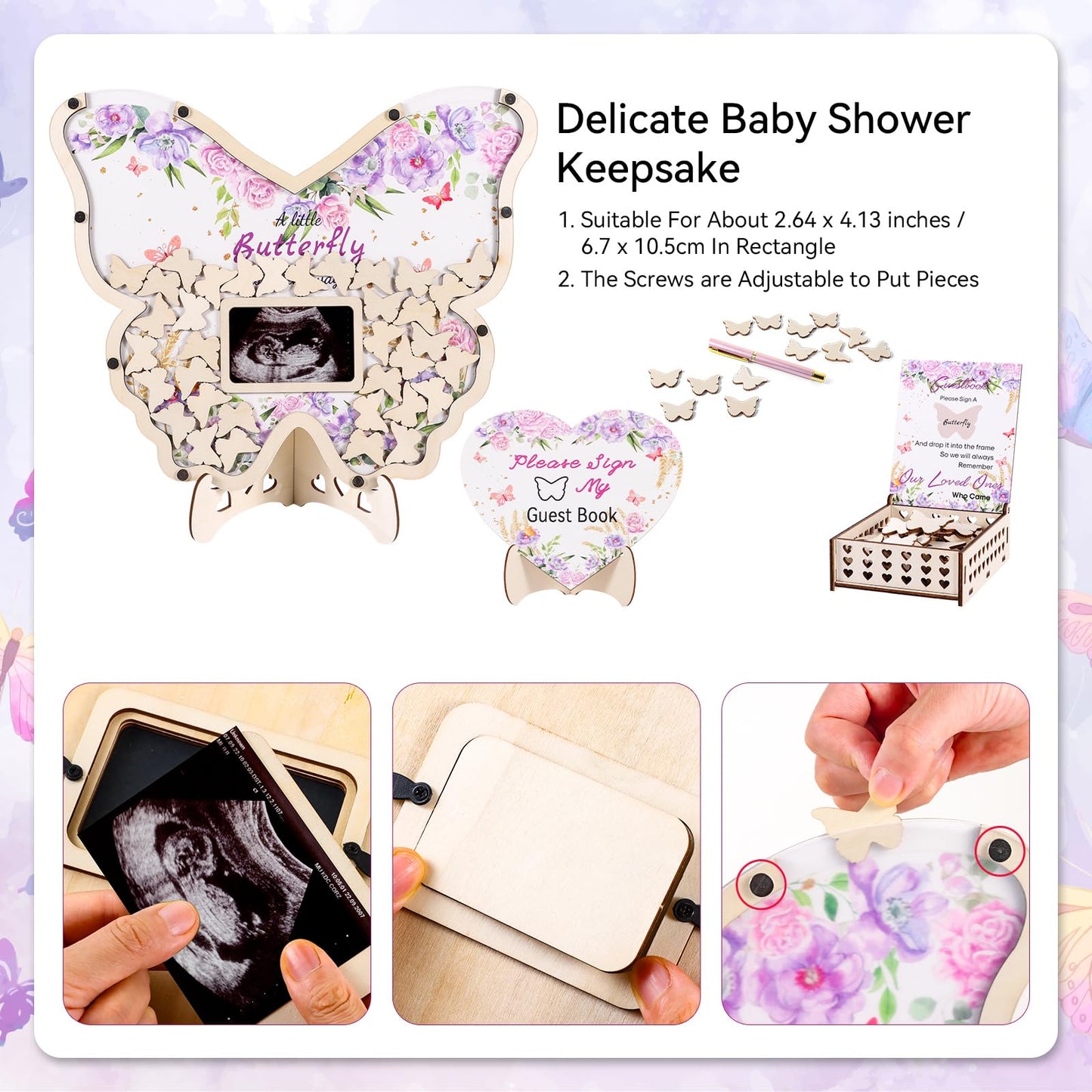 66pcs Butterfly Baby Shower Guest Book Alternative Wooden Guest Sign in Butterfly with Sonogram Photo Frame Butterfly Floral Guestbook Pregancy Keepsake Gender Reveal 1st Birthday Party Decorations