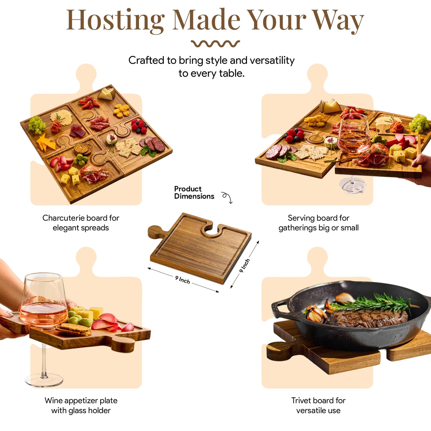 Homesphere Wooden Charcuterie Boards, Appetizer Tray for Parties & Cutting Board with Handle, Set of 4, Acacia Wood Board, Wine Gifts, Wine Accessories, Interlocking Puzzle Serving Tray w/Storage Box