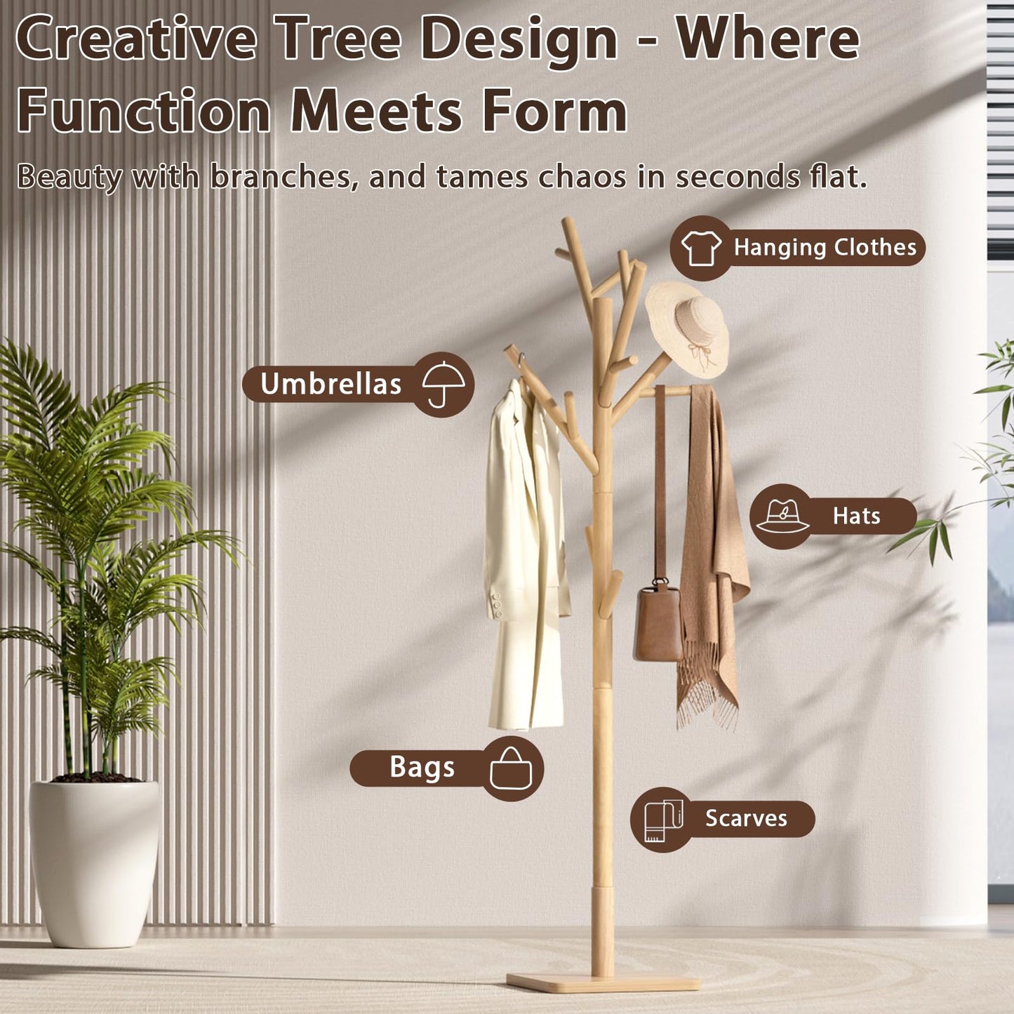 Solid Wood Coat Rack - Freestanding Coat Hat Rack Stand with 14 Hooks, Clothes Rack Heavy Duty Space Saving Entryway Coat Tree Hanger Rack for Coats Jackets Hats Bags, Adjustable Height (Natural)