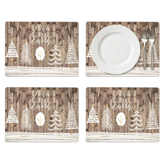 Pimpernel Rustic Placemats, Set of 4 (15.7" x 11.7") – 5mm Cork-Backed Boards with Snow-Covered Tree Artwork on Vintage Wood Plank, Heat & Stain Resistant Table Mats for Dining Room & Tabletop