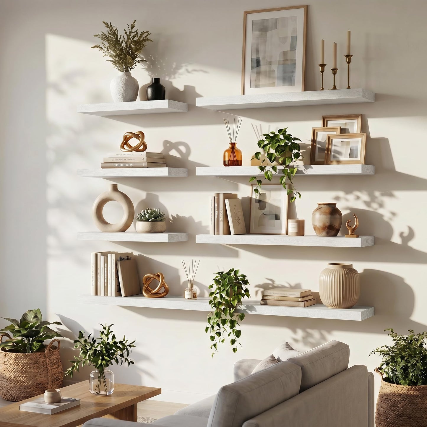 FLYJOE 20 Inch Floating Shelves for Wall Set of 2, 6.5" D Wood Grain Bathroom Shelves with Invisible Brackets, Easy Install Engineered Wood Storage Shelves for Kitchen, Living Room, Bedroom