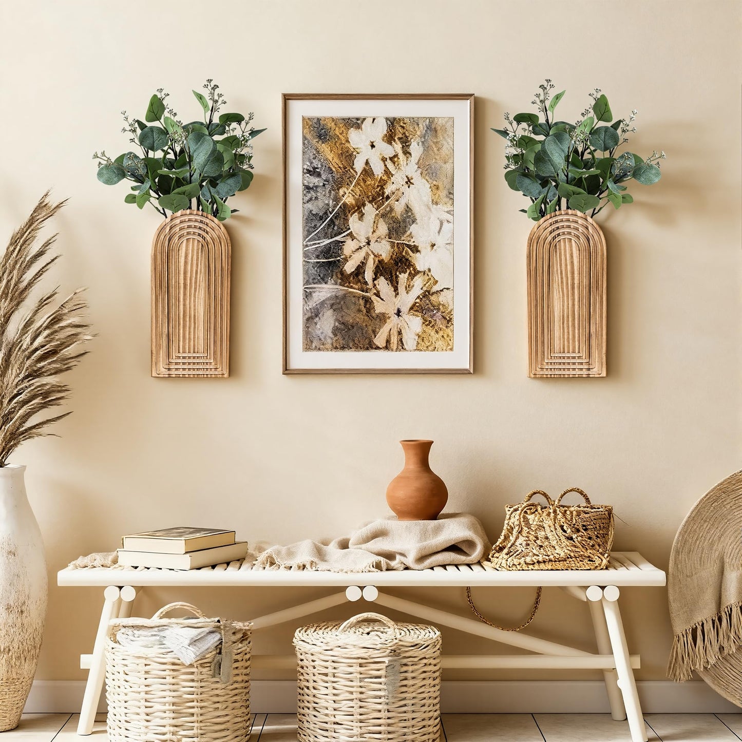 DREAMLOOM 2 Pack Wooden Wall Vases with Fake Plants, Wall Hanging Planters Boho Modern Farmhouse Indoor for Narrow Spaces Entryway Bathroom Home Office Decoration, White