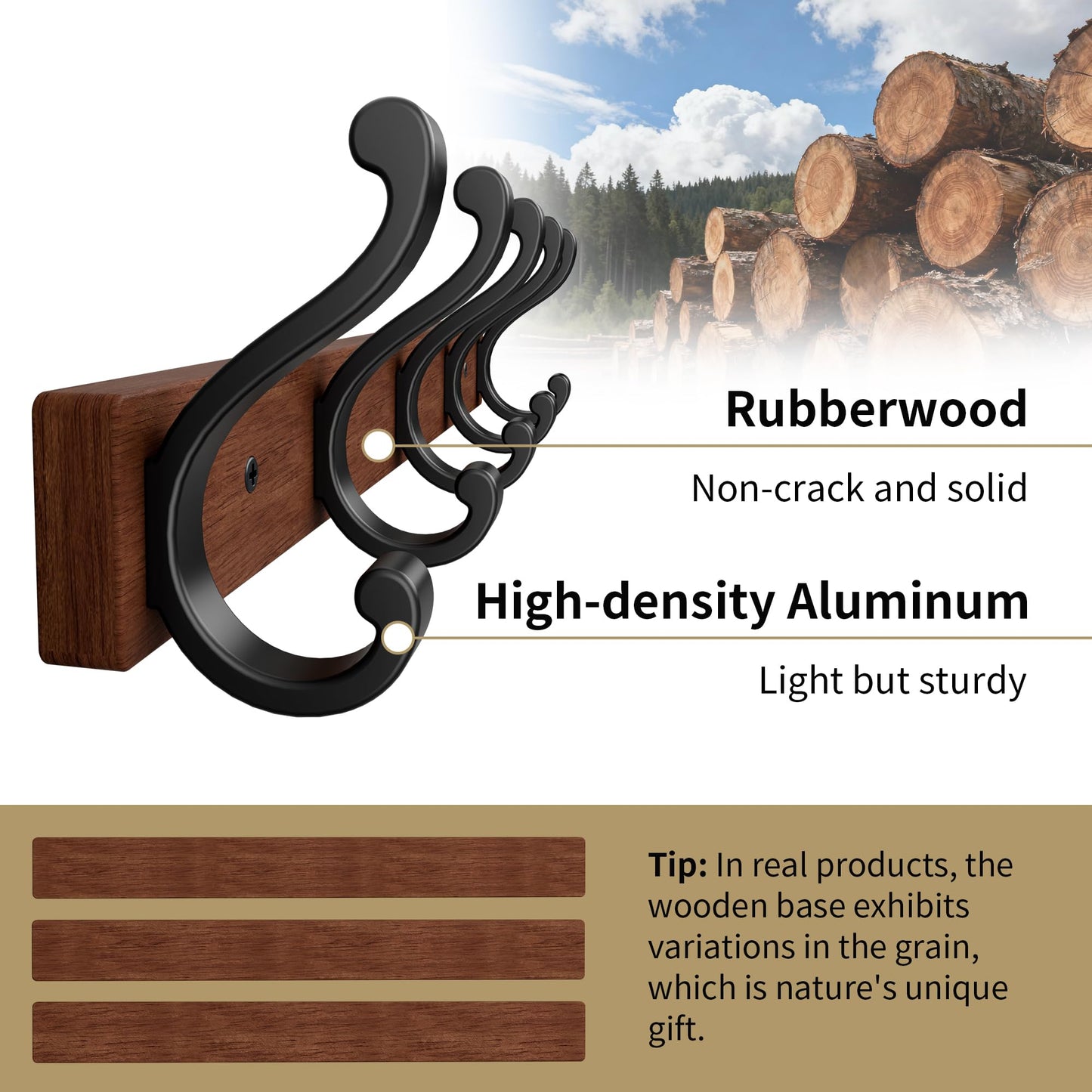 Jasopaco Solid Wood Wall Mounted Coat Rack, Heavy Duty 5 Hook Wooden Hanger with Metal Hooks for Hanging Hats, Coats, Towels, Backpack, Keys in Closet, Entryway, Bedroom, Bathroom, 2 Pack.