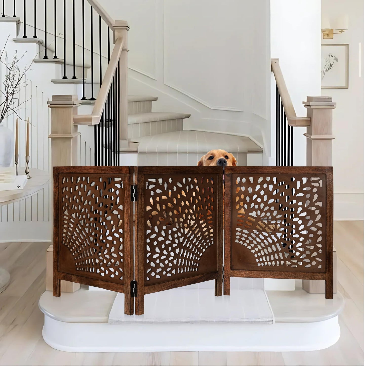 Dog Gate, Wooden, Free Standing, Pet, for the House, Decorative, Gates, Doorways, Foldable, 3 Panels, Fence, Extra Wide, 24" Heightx3Panels, Natural