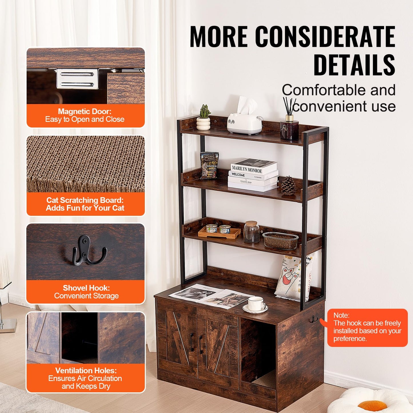 VEVOR Cat Litter Box Enclosure, Hidden Litter Box Furniture with 3 Storage Shelves, Wooden Cat Washroom Indoor, Large Cat House Cabinet Hidden Fit Most Litter Box, 33.5"L x 19.3"W x 58.7"H, Dark Brown