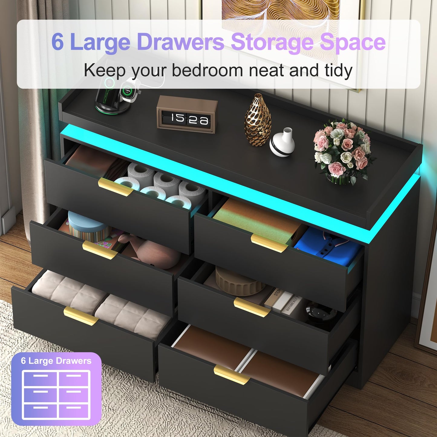 UNIQUITE 6 Drawer Dresser for Bedroom, Black Dresser with LED Lights and Power Outlet, Wooden Dressers Chests of Drawers, Double Wide Dressers for Bedroom, Entryway, Hallway