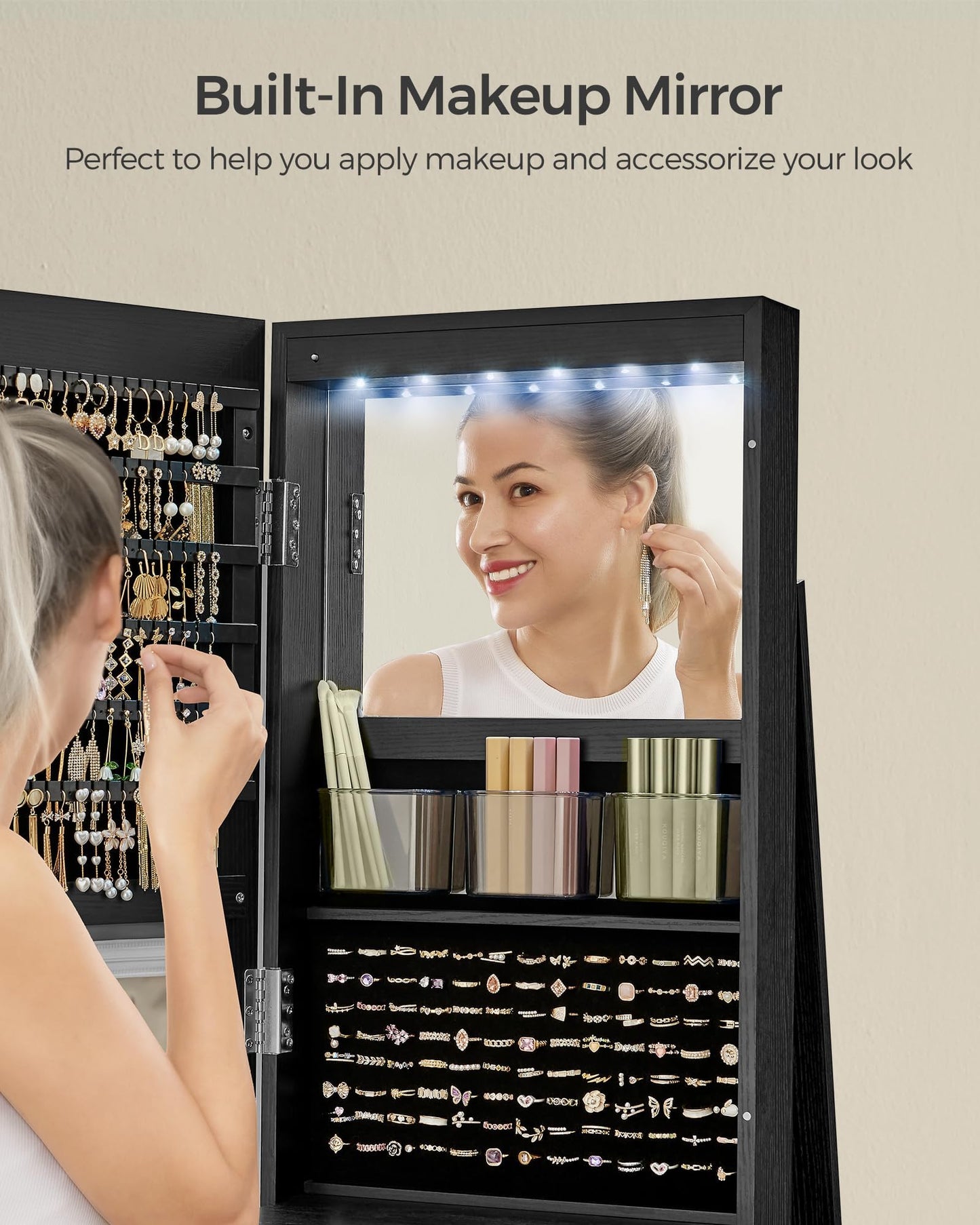 SONGMICS 6 LEDs Lockable Mirror Jewelry Cabinet, 360° Swivel Jewelry Organizer Armoire Standing, Frameless Full-Length Mirror, 3 Storage Shelves, Black Surface, Black Lining UJJC007B01