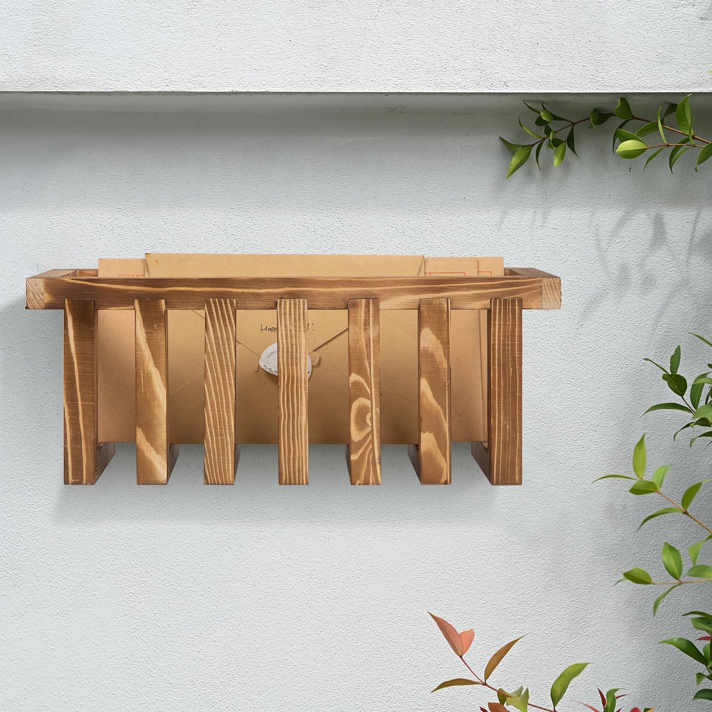 ExoLiry 11 Inch Premium Solid Acacia Wood Wall Mounted Mail Letter Holder Basket, Rustic Farmhouse Wooden Hanging Card Storage Rack, Home or Office Organizer