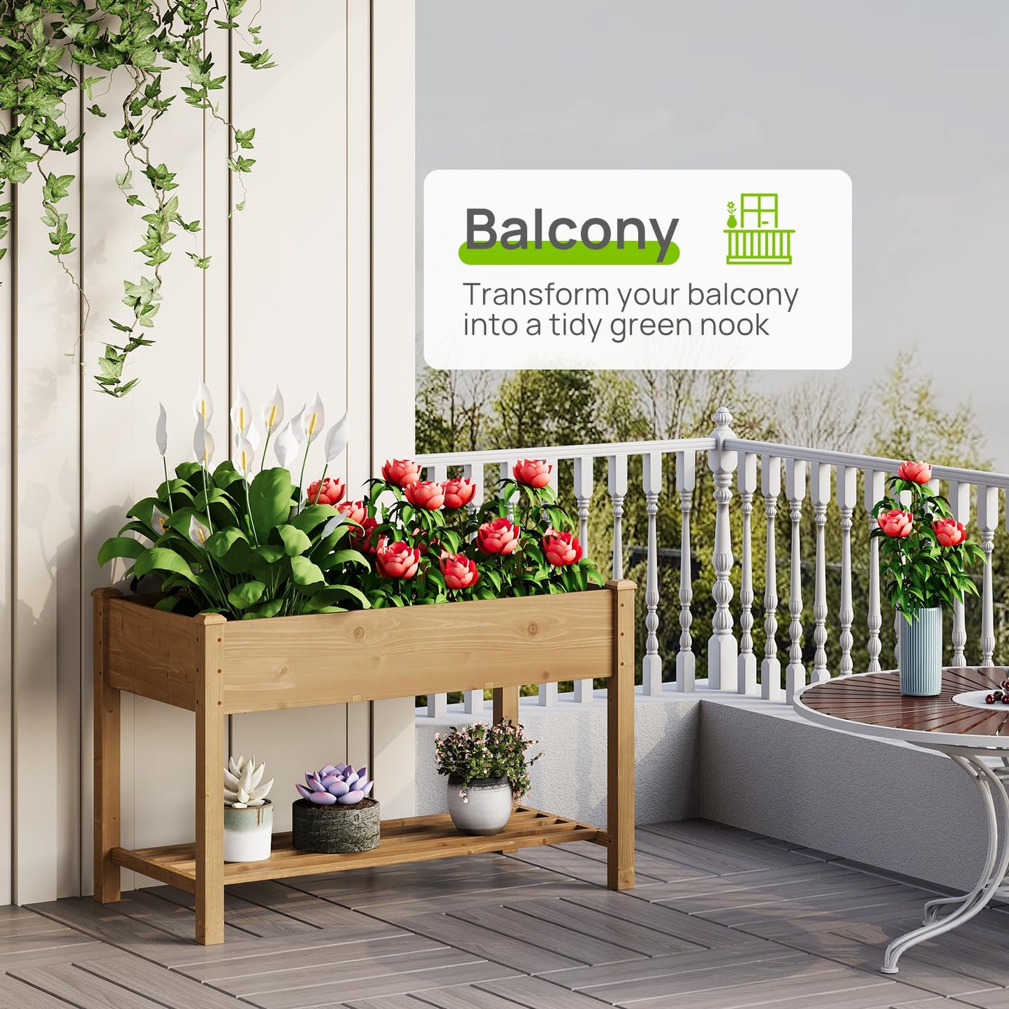 48x24x30.7in Wood Raised Garden Bed with Legs Elevated Planter Box Gardening Outdoor Planter Box Patio Kit Planting Bed for Vegetables Flowers Herbs Outdoor for Patio Balcony Backyard (Brown, Medium)