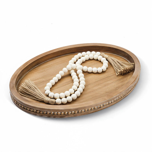 16" x 11.8" Oval Wood Decorative Tray with 58" Bead Garland, Farmhouse Coffee Table & Kitchen Island Décor, Rustic Brown Entryway Console Tray for Styling, Candles & Small Items