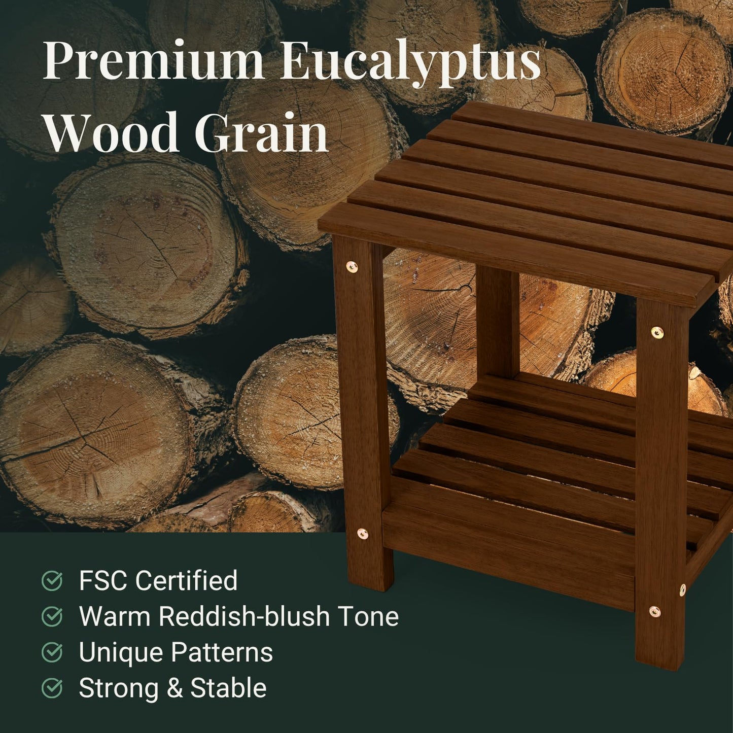 Eucaland Premium 2-Tier Eucalyptus Wood Side Table with Slatted Storage Shelf, 13" x 16" x 17.5", Wooden Accent Table for Living Room, Entryway or Bedside (Brown)