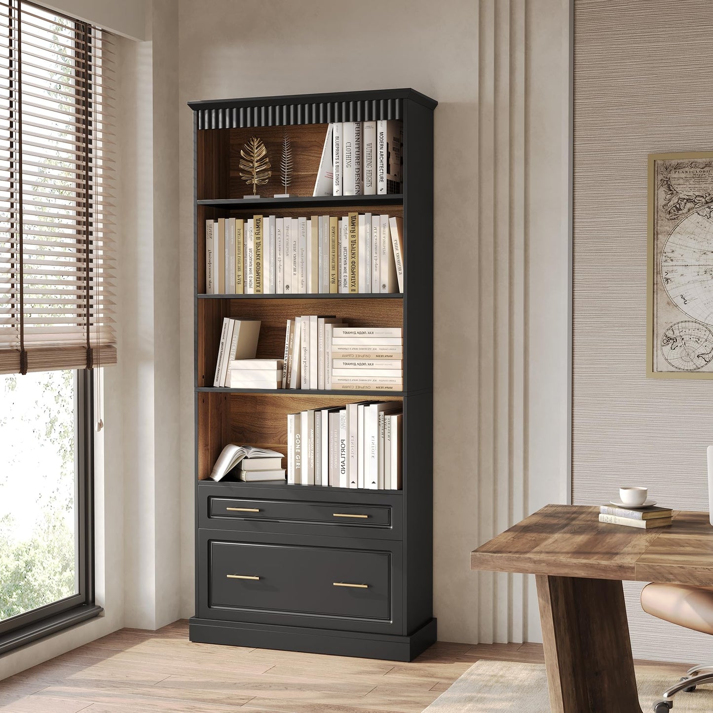 LITTLE TREE 72" Tall Black Bookcase, 5-Tier Office Bookself with File Cabinet Drawers,Modern Floor Standing Storage Filing Cabinet Book Shelf for Living Room,Bedroom