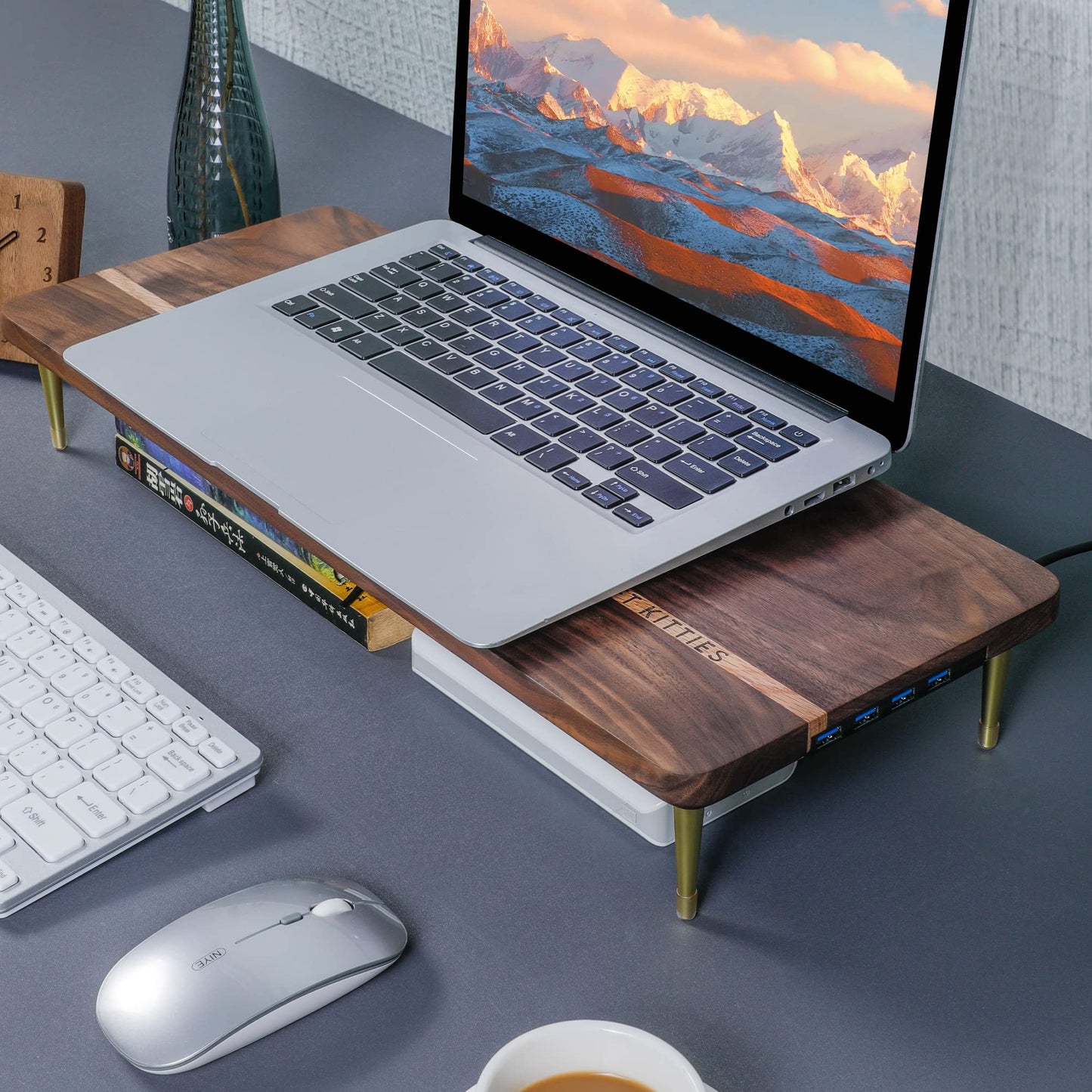 CRAFT KITTIES Monitor Stand Wood Riser with 4 USB Ports, Computer Monitor Stand with America Walnut Data Transfer Charging Hub -Compatible with Computer, Mac, PCs, Smartphone, 20.5*8.3in