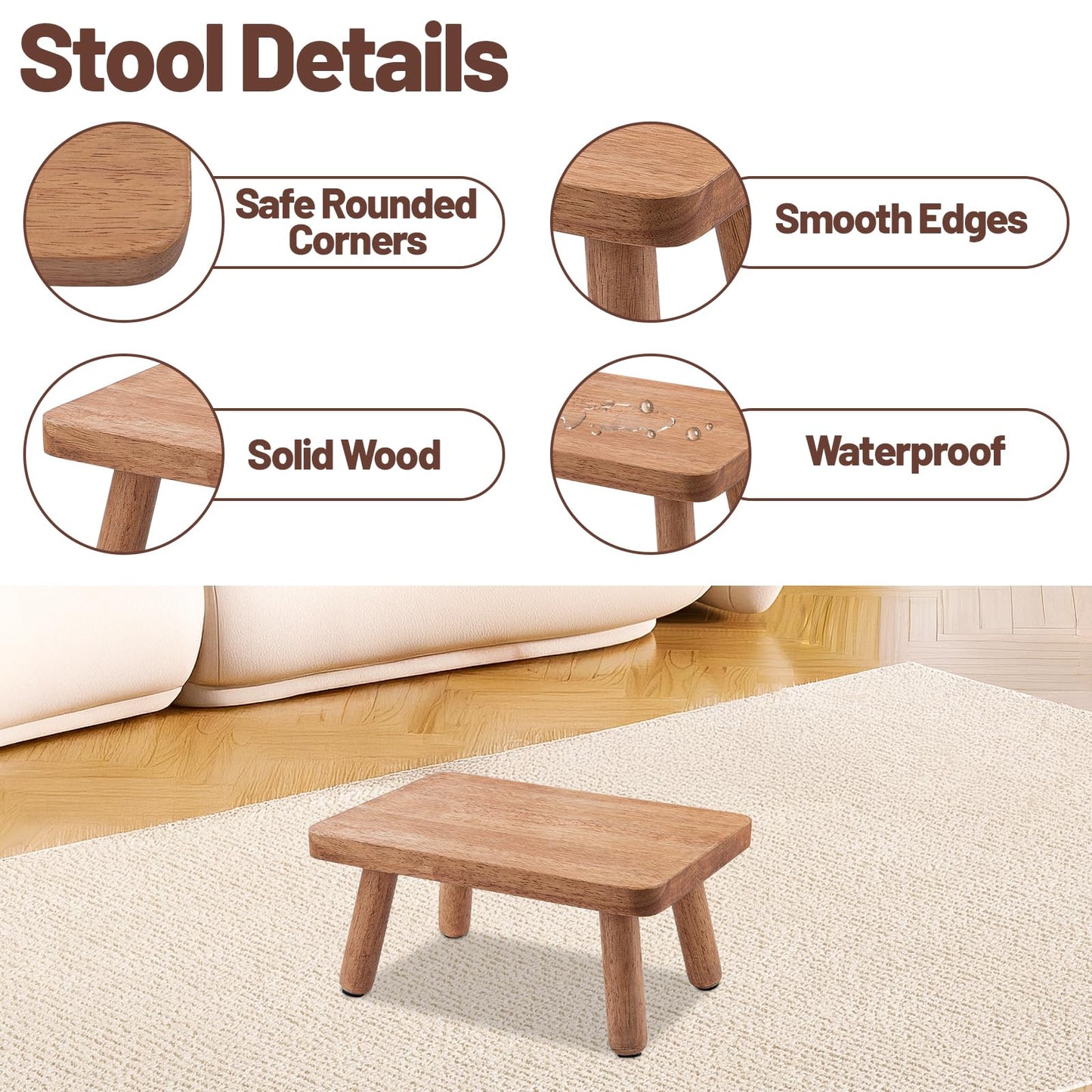 Wooden Step Stool for Adults Seniors, Anti-Slip One Step Stools, Heavy Duty Stepping Stools Kitchen Step Stool with 500lbs Capacity for Office, Bedroom, Kitchen, Bathroom