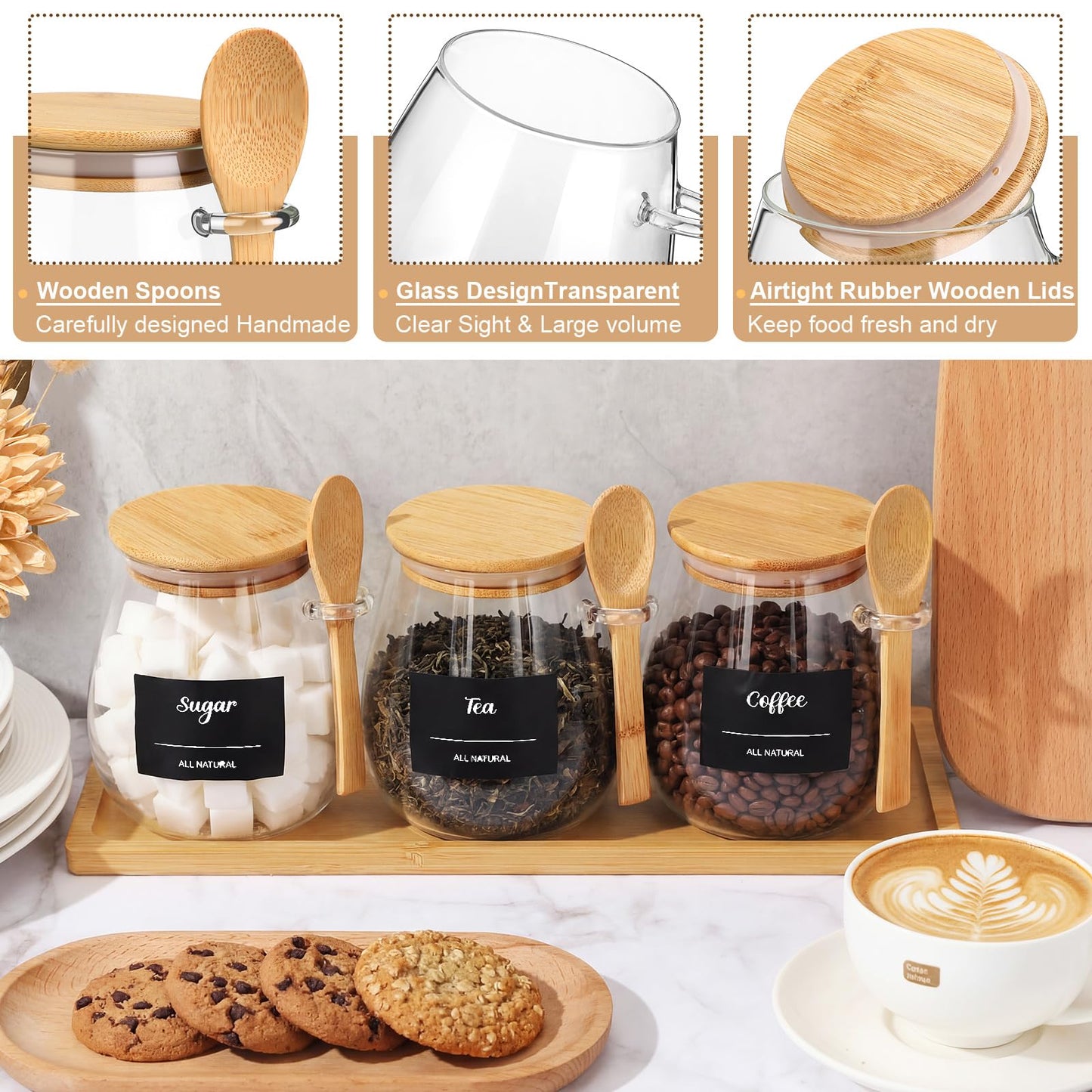 Suclain 3 Pcs Glass Coffee Container with Wooden Lid Spoon Tray Shelf Labels Clear Airtight Glass Jar Storage Container Set for Coffee Beans Tea Leaves Grains Dried Fruits Sugar Spice(28oz)