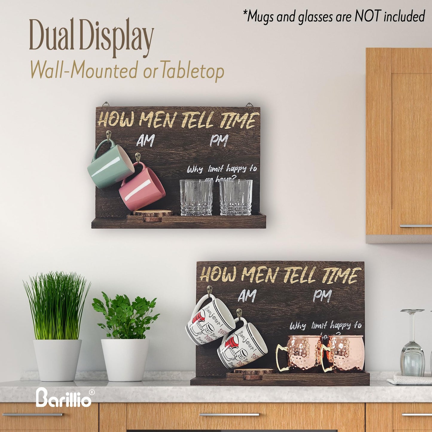 Wall Mounted or Tabletop Wooden Drinkware Board | AM/PM Coffee Mug and Alcohol Glass Holder | Funny Gift for Men, Dad, Husband, Christmas - Fits Wine, Whiskey, Beer Glasses | Glasses Are Not Included