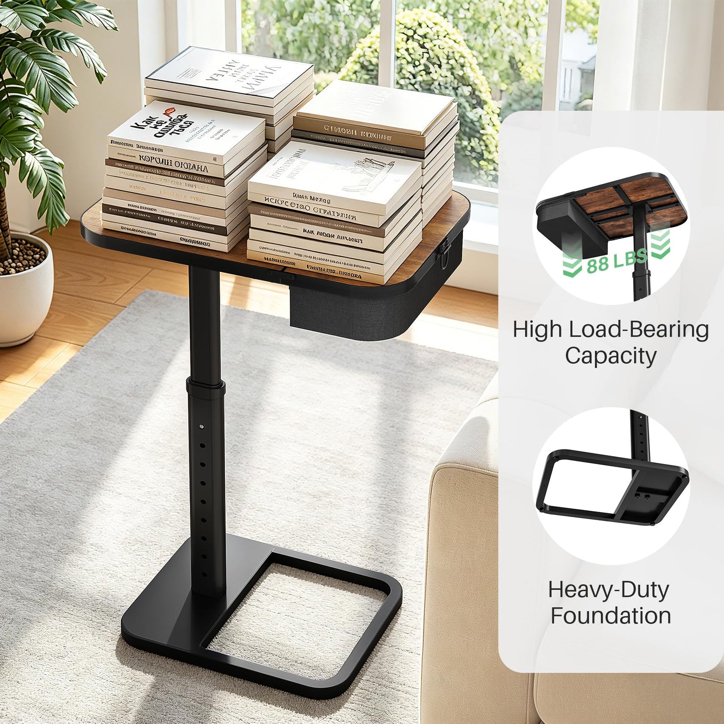 Kitstorack Large TV Tray Table with Flip-Top Storage Compartment for Extra Storage Space, 9 Adjustable Heights TV Trays, Safe Rounded Corners for Living Room, Bedroom, Study, Home Office, Brown