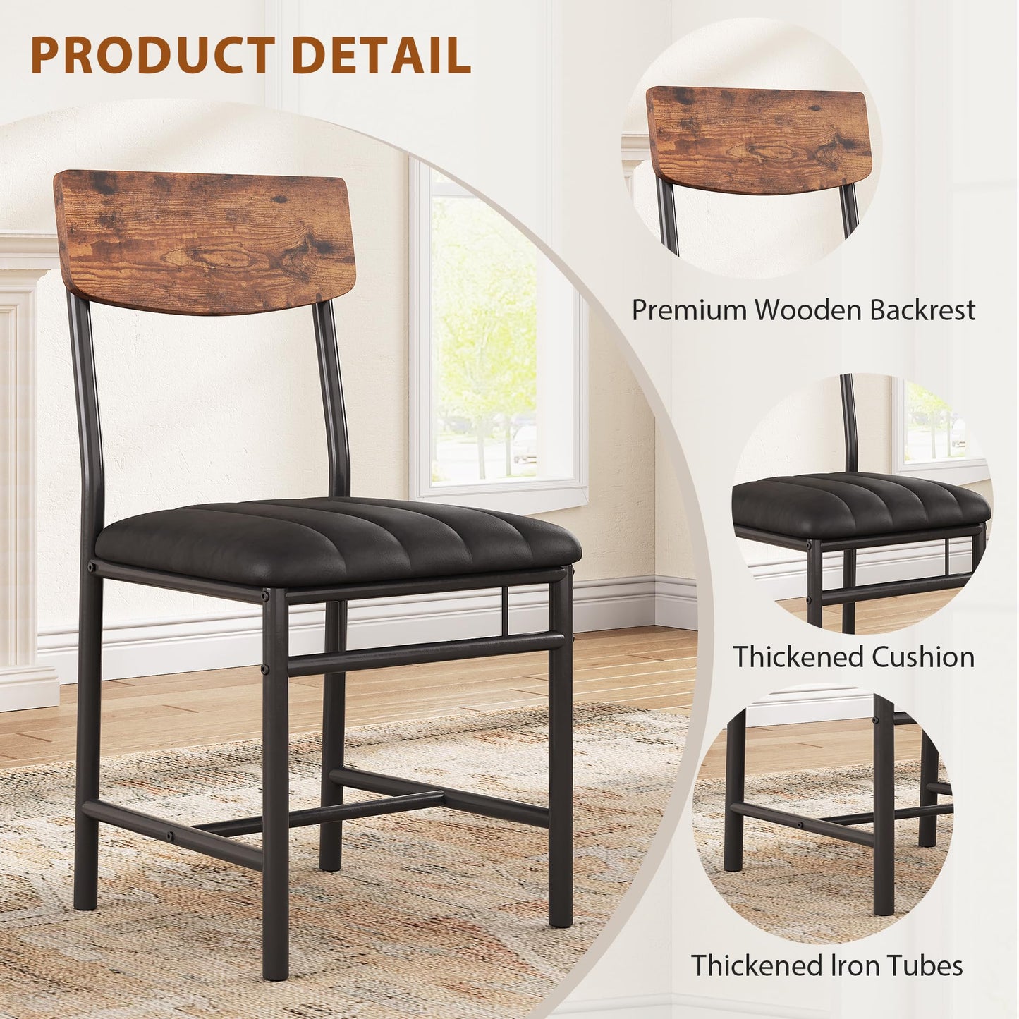 Jocoevol Industrial Dining Chairs Set of 4 - Upholstered Dining Room Chairs with PU Leather, Kitchen Chairs with Wooden Backrest and Thickened Metal Legs, for Dining Room, Living Room（Rustic Brown）