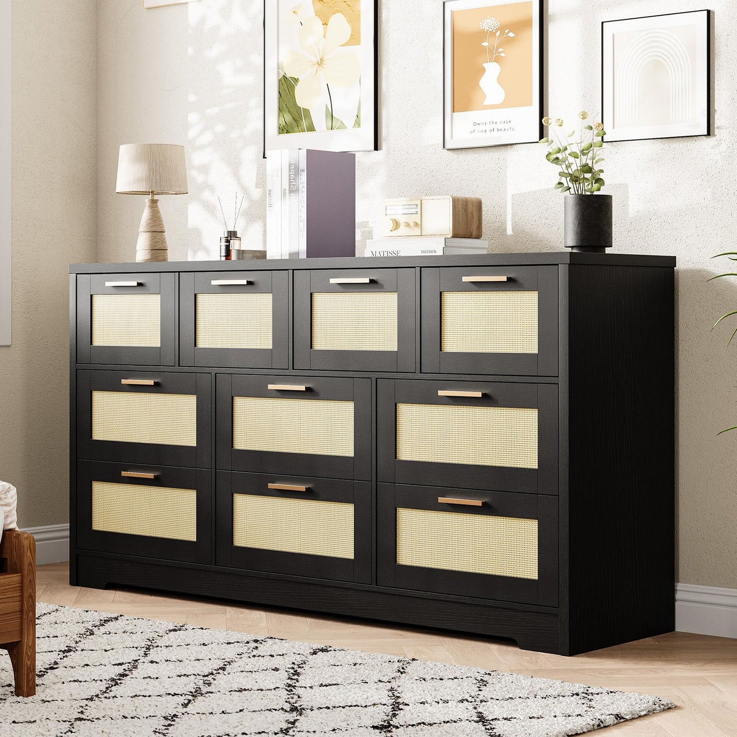 GarveeLife 10 Drawer Dresser for Bedroom, 59 in Farmhouse Rattan Dressers & Chests of Drawers, Wooden Storage Organizer with Anti-Tipping Device for Living Room, Hallway, Entryway, Black