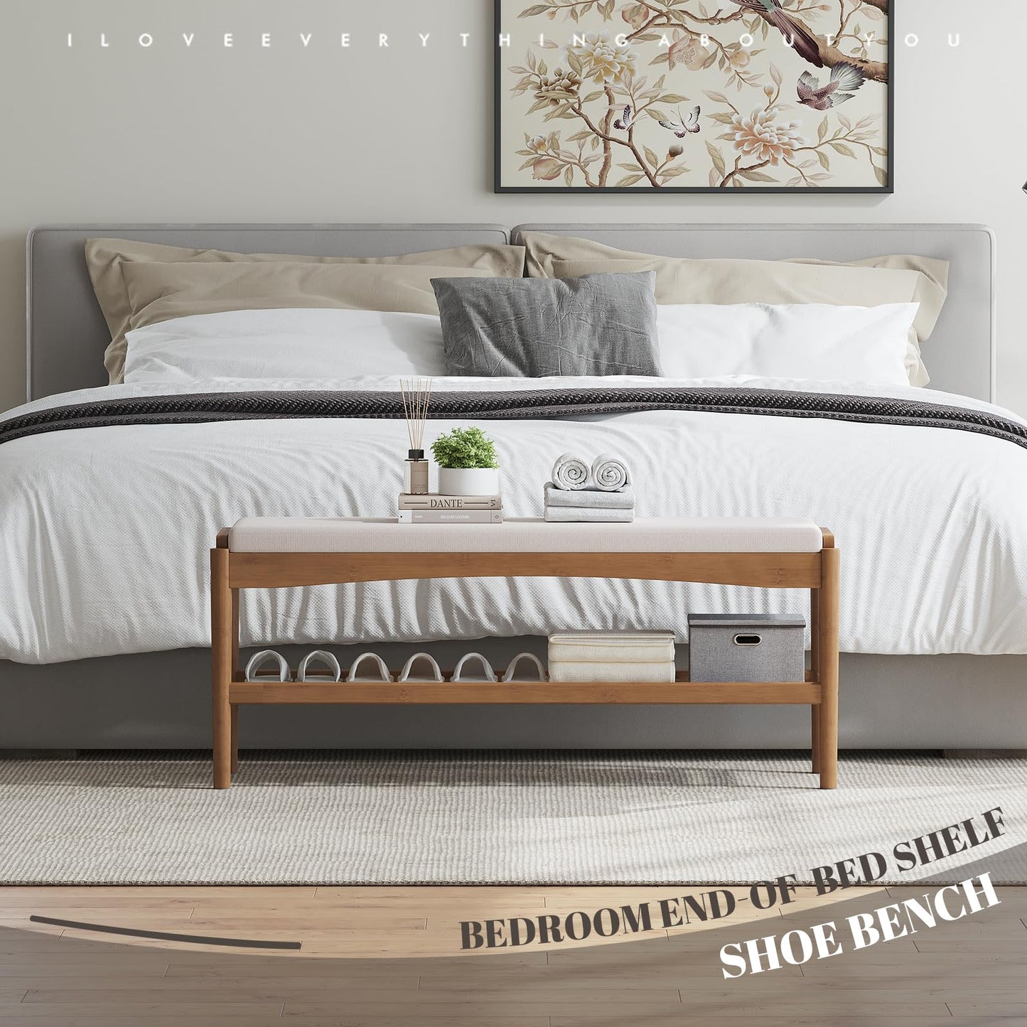 STDDRE Shoe Bench Entryway Bamboo 2-Tier Shoe Rack with Cushion Padded Seat Shoe Bench Organizer Stable for Entry, Hallway, Living Room, Bedroom, Closet (39.4 * 11.4 * 16.5IN, Brown-Beige)
