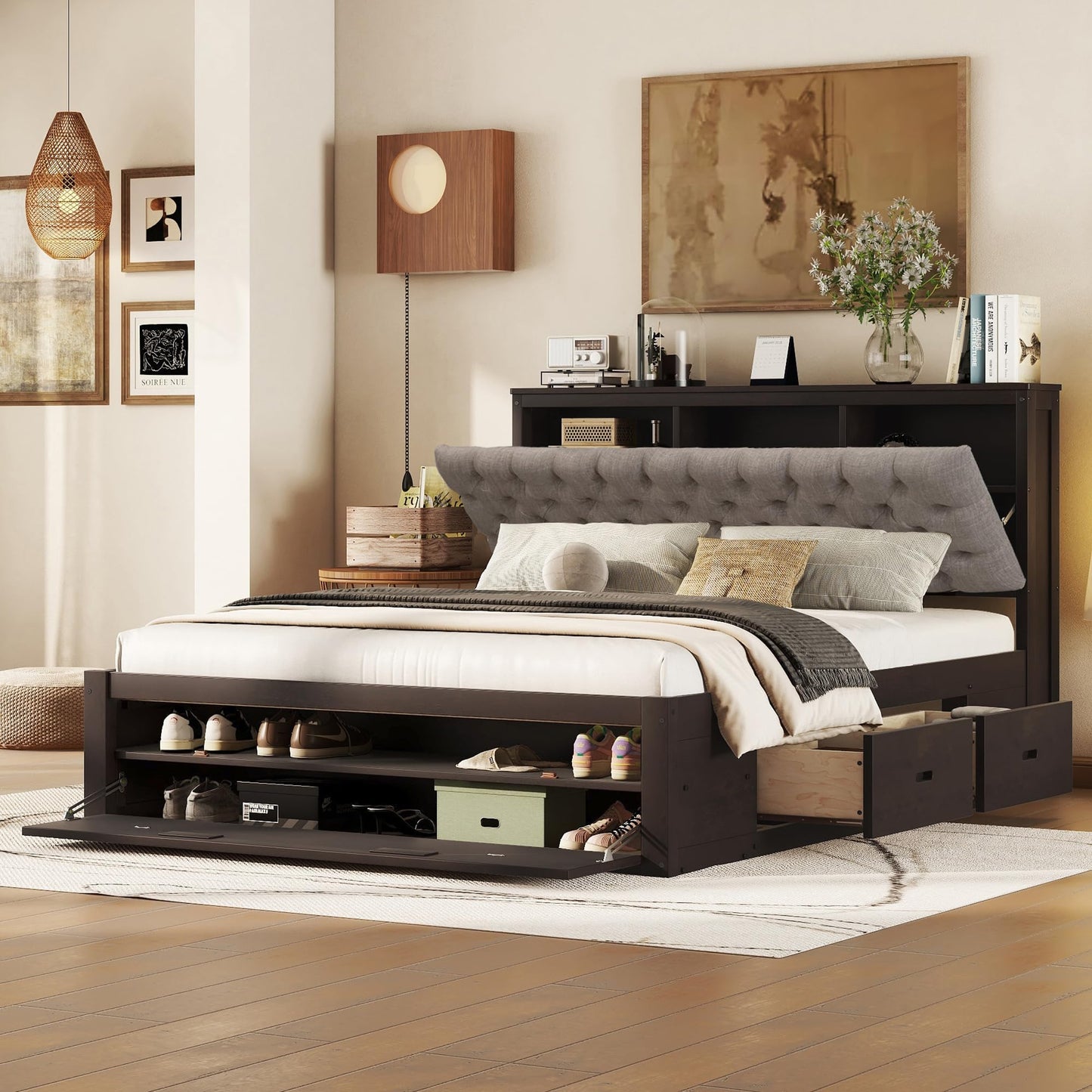 GDFStudio Boden Queen Size Upholstered Headboard, Queen Size Platform Bed with Storage Headboard, Wooden Bed Frame with Shoe Rack and Organizer Drawer, Ample Storage Shelves and 4 Drawers, Espresso