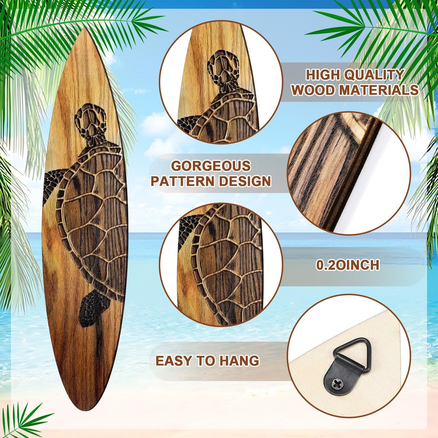 Yousoontic 3 Pcs Surfboard Wall Decor 23.6" x 5.2" Large Wooden Beach Room Surfboard Decor for Wall Summer Turtles Hibiscus Octopus Hawaiian Tropical Sign for Home Bedroom Party