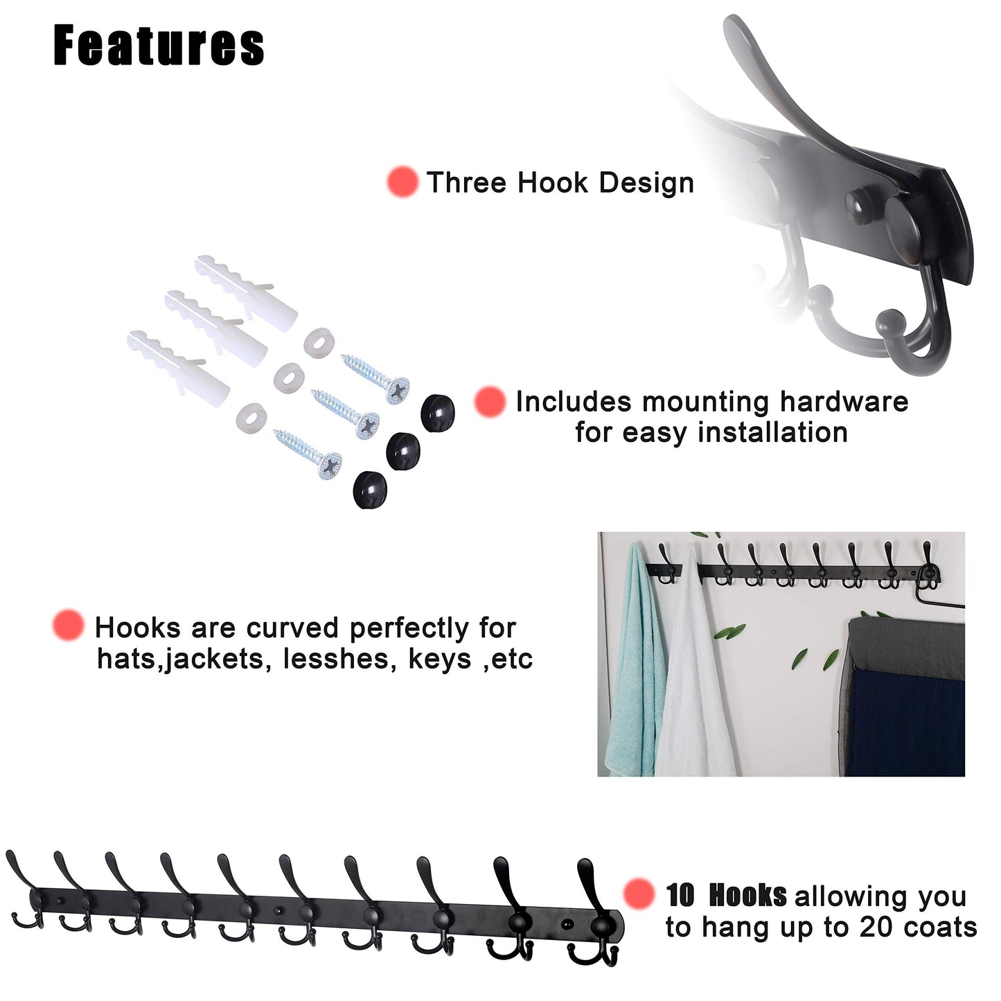 Dseap Coat Rack Wall Mount - 38” Long 10-Tri-Hooks Heavy Duty Coat Hanger Rail Wall Hooks for Hanging Coats Hats Clothing Clothes Purse Mudroom Entryway, Black