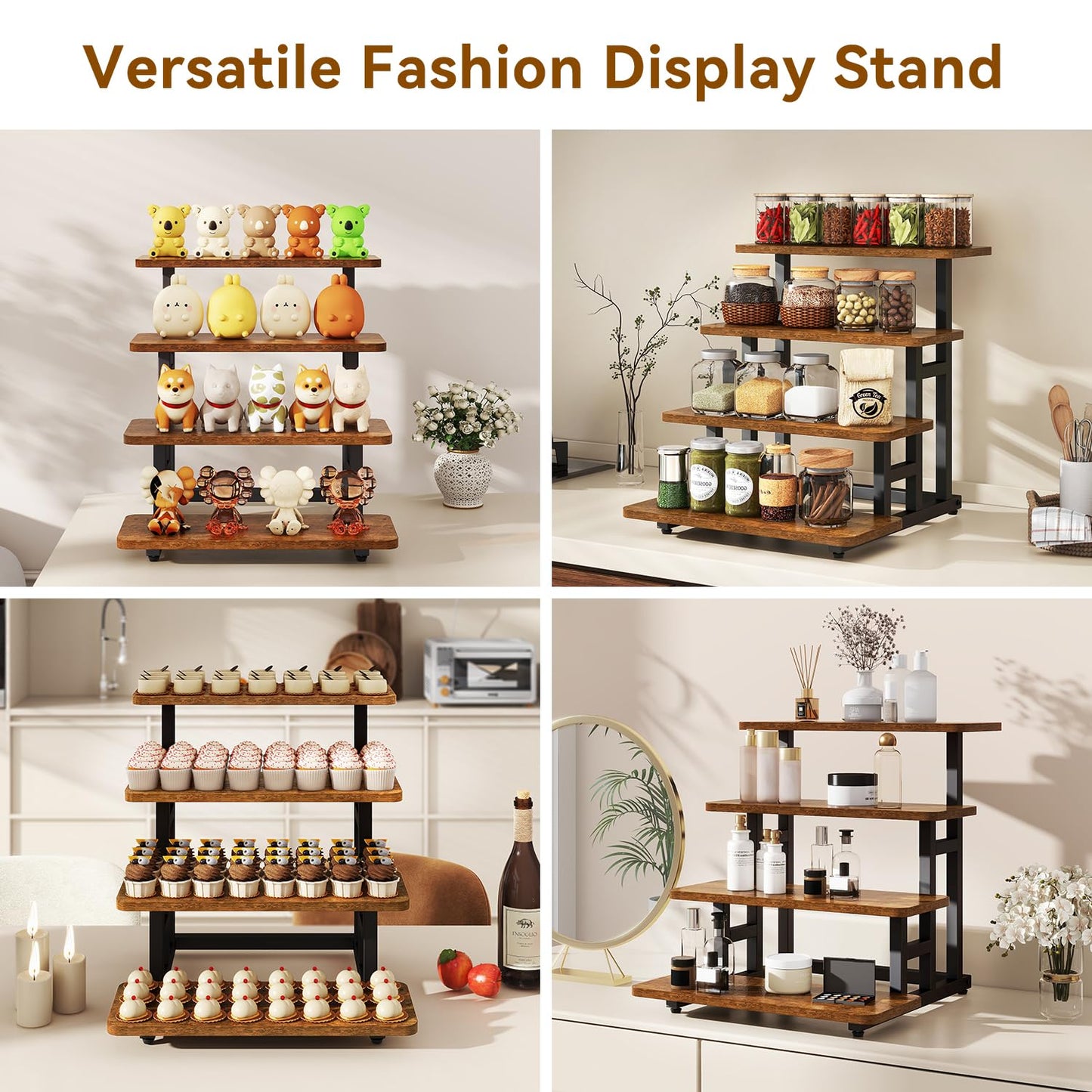 IBUYKE 4 Tier cupcake stand,Wooden Risers Display Stands,Tiered Display Stand for food,Dessert Table Display for Party,Afternoon tea, Family Gatherings,Rustic Brown UTLJ018H