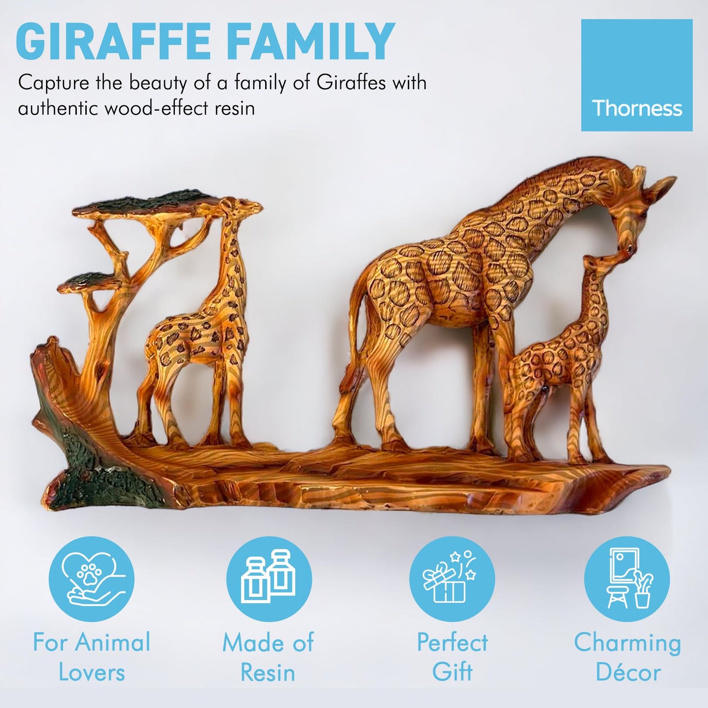 Thorness GIRAFFE FAMILY ORNAMENT | Wooden giraffe ornament for the home | African animal gift | Wildlife gifts | Home decor | 30cm (L) x 17cm (H) x 6cm (D)