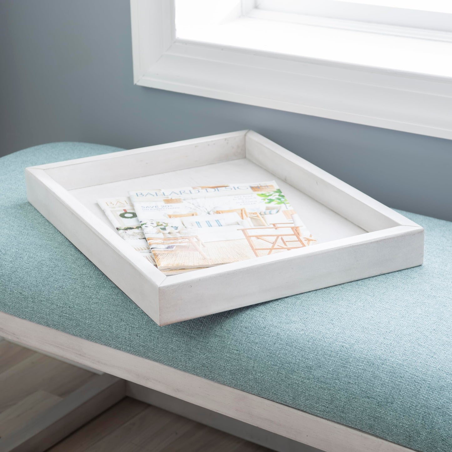 Powell Oakland White Washed Wooden Bench with Aqua Upholstered Seat and Removable Wood Tray