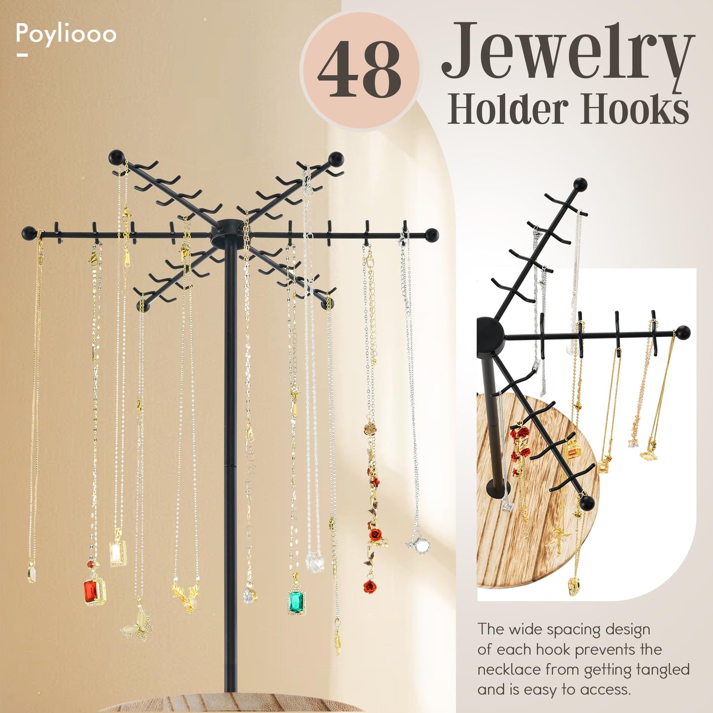 Poyilooo Necklace Holder Jewelry Stand, Rotating Necklace Holder Organizer with 48 Hooks for Necklace Earring Keychains Bracelet Display Stand, Metal Necklace Tree Stand -Gifts for Women (Black)