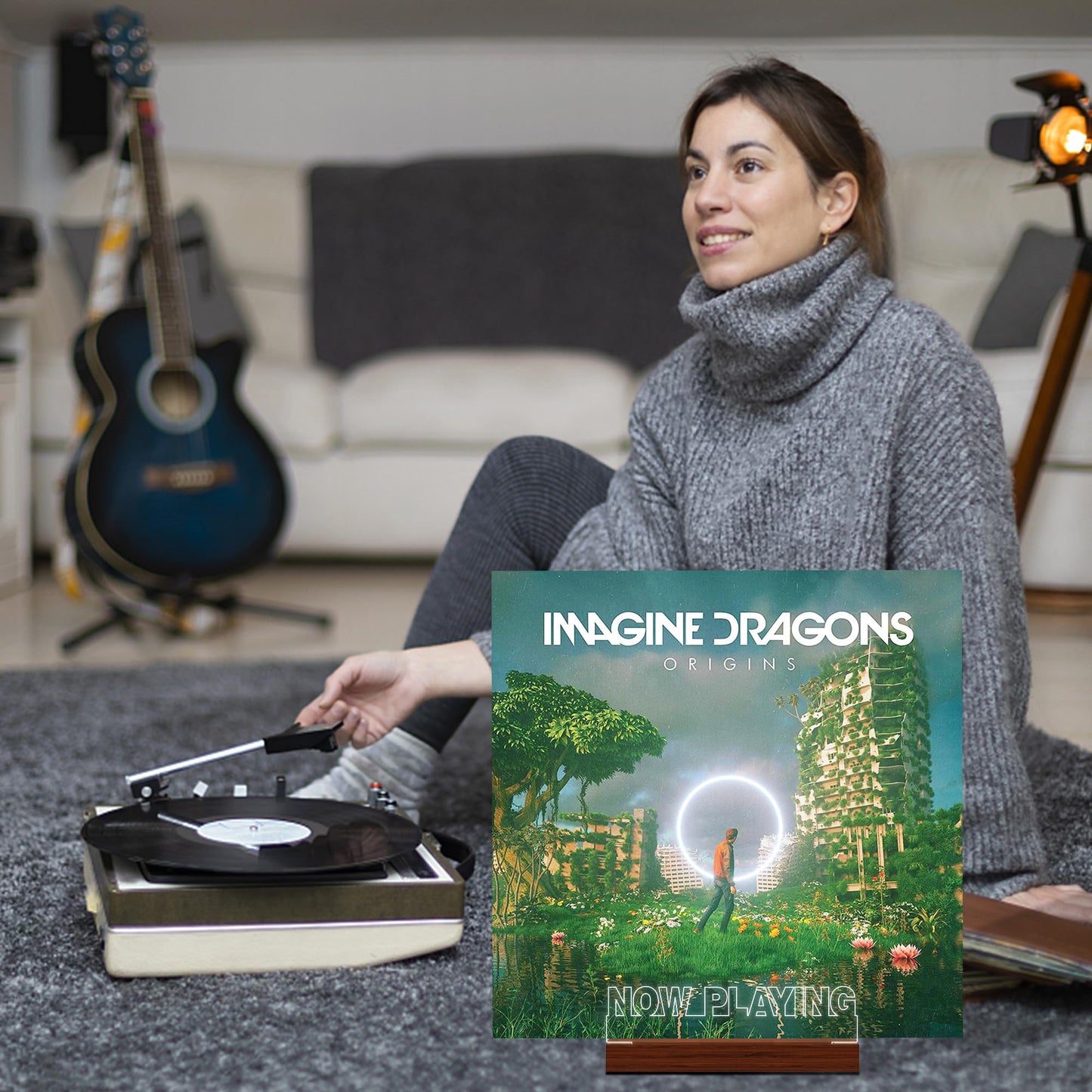 CoolGift Mart Now Playing Vinyl Record Stand, Light up Record Holder, Wooden Acrylic Display with Warm White Lights for Albums, Room Decor, for Vinyl Lovers