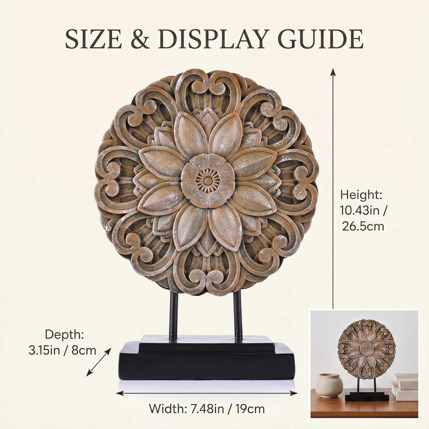 Brown Farmhouse Table top Sculpture Above Cabinet Decor Kitchen, Boho Carving Knick Knacks Shelf Decor Accent, Round Statue for Credenza Bookshelf Rustic Shabby Chic Center Pieces Decoration