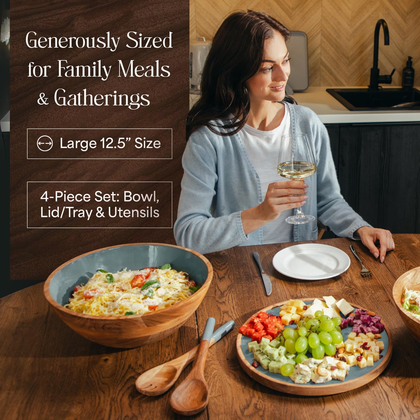 Large Wooden Salad Bowl Set 12.5 Inch with Serving Utensils, Tray Lid and Carry Strap. Acacia Wood Large Salad Bowls Ideal for Fruits and Dishes, Wooden Bowls for Food, Serving and Fruit Bowl