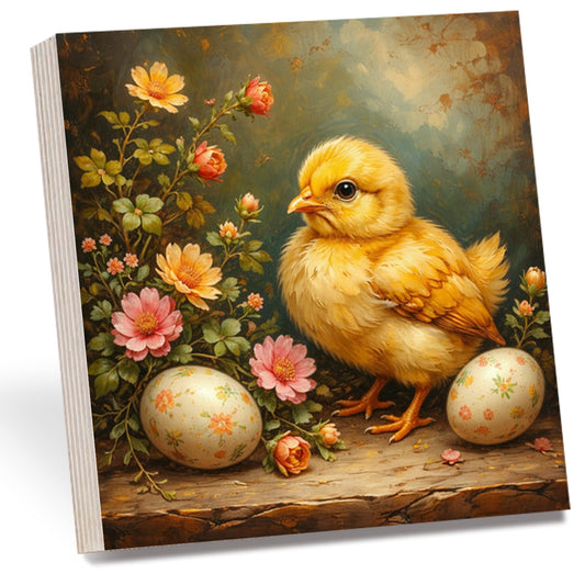 Vintage Easter Chick Wooden Block Sign, Spring Baby Chick with Floral Eggs Decor, Rustic Farmhouse Holiday Shelf Sitter, Cottagecore Easter Gift for Tiered Tray Table Mantel