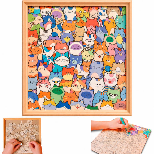 Wooden Cat Coloring Puzzle, 75-Piece DIY Kitties Jigsaw Craft with Frame and 12 Color Pens, Paintable Wood Board for Adults, Kids, Cat Lovers, Family Activity, Home Decor (Kitty)