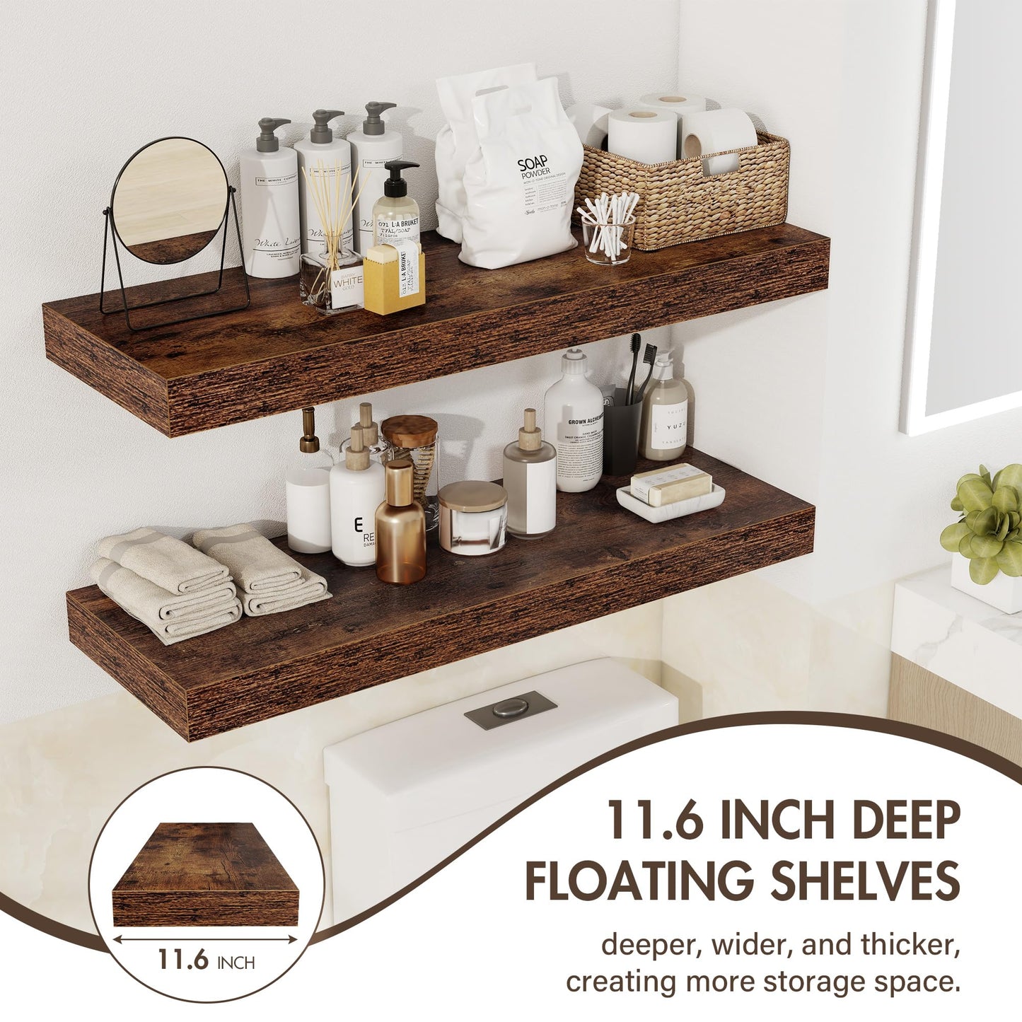 Acovy 30 Inch Floating Shelves, 12" Deep Floating Shelf Wall Mounted, 30" Wall Shelves, Rustic Deep Bookshelf, Extra Deeper & Thicker Display Shelves for Bedroom, Living Room, Brown, Set of 2