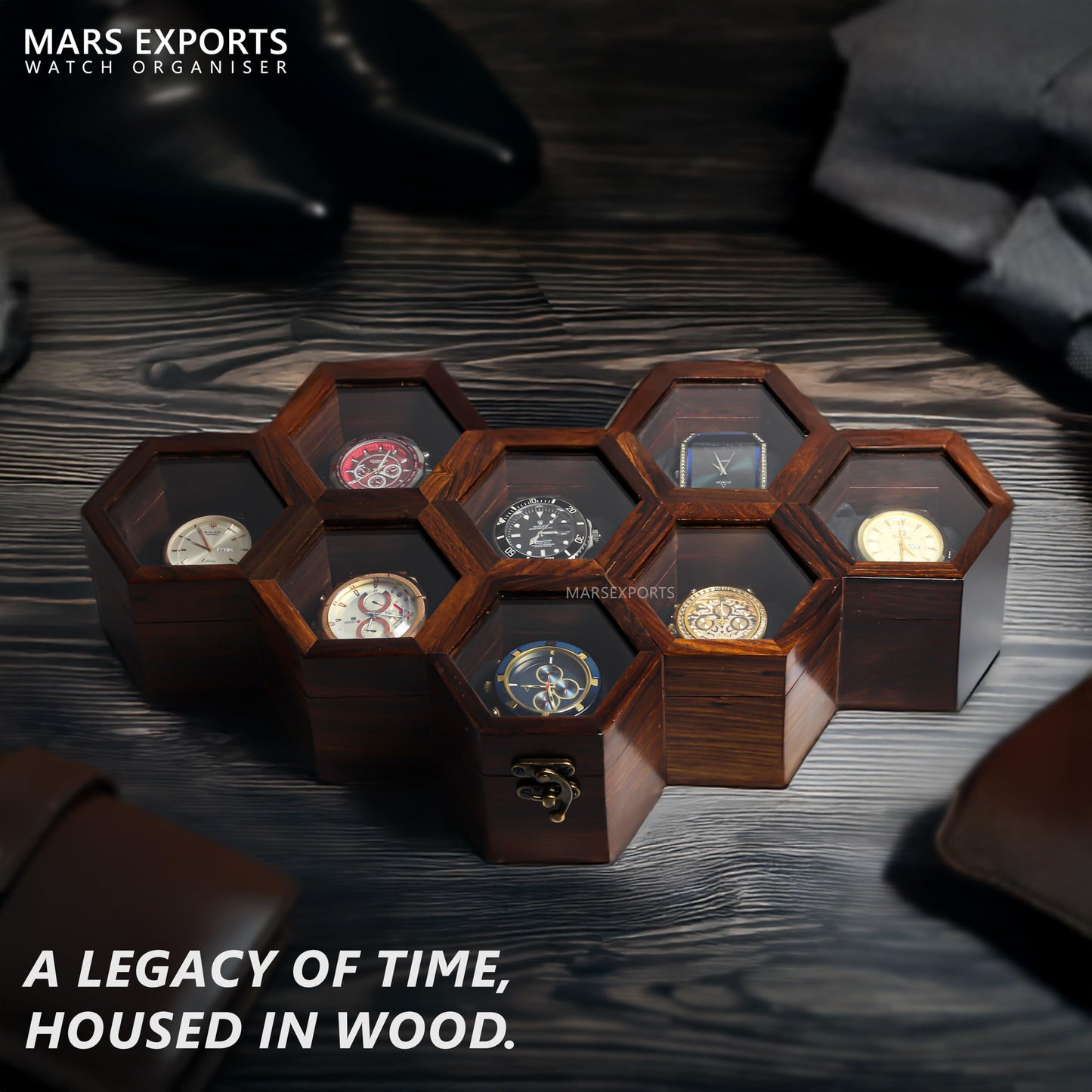 Mars Exports Wooden Watch Organizer Case with Glass Lid | 8 Slot Men’s Watch Storage Box – Dark Rosewood Finish | Elegant Watch Holder for Travel & Gift for Watch Lovers