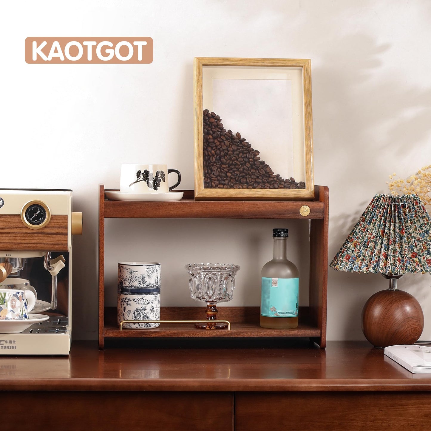KAOTGOT Coffee Mug Holder Wooden Cup Rack Mug Display Shelf Coffee Cup Holder for Countertop with 2 Tier Wood Coffee Mugs Holder for Kitchen Coffee Cup Storage